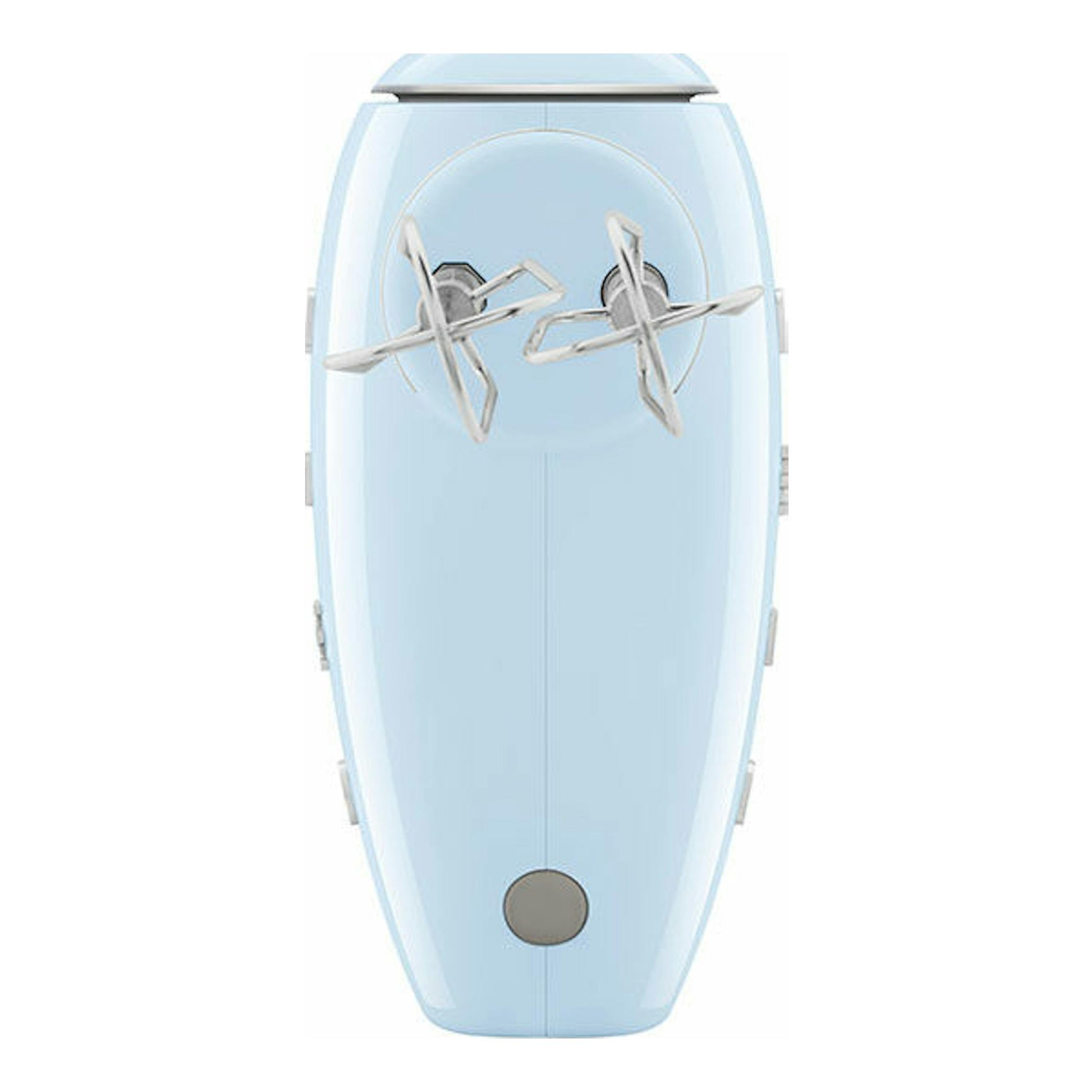 Amasadora Smeg HMF01PBEU azul claro, vista frontal con varillas, sobre fondo blanco.