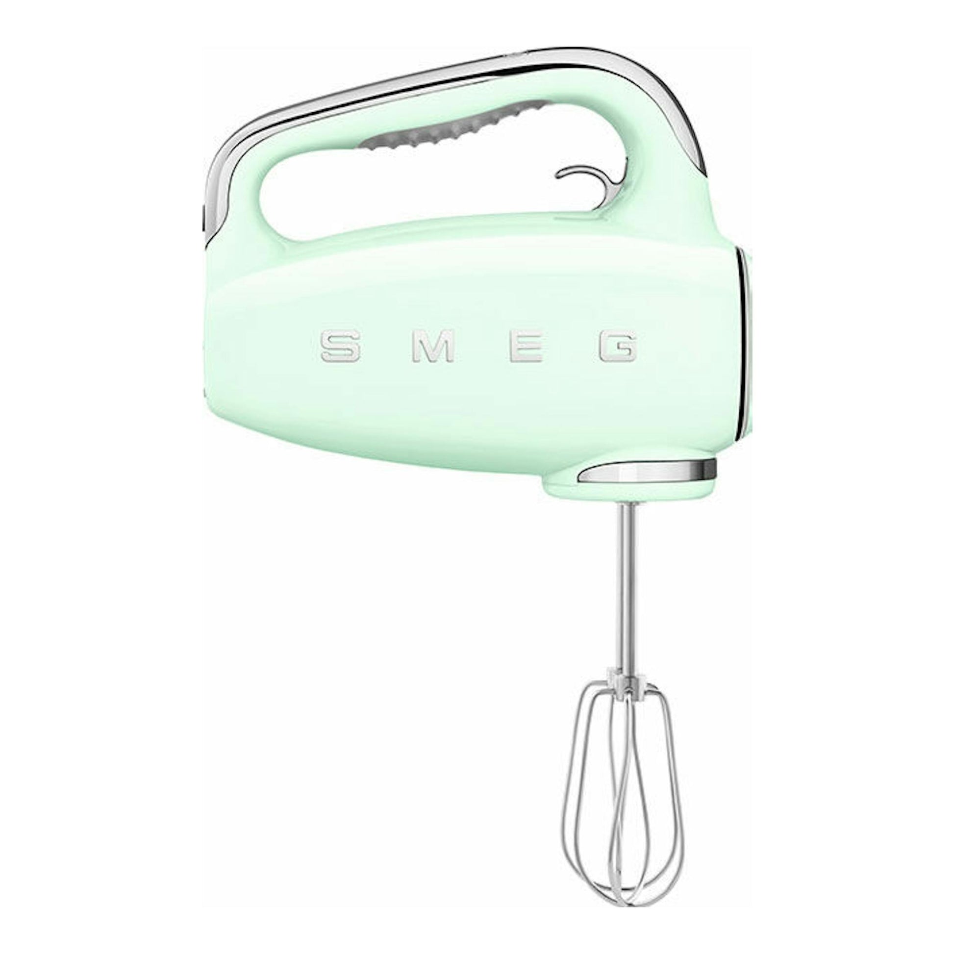 Amasadora Smeg HMF01PGEU verde menta, vista lateral, con varillas y fondo blanco.