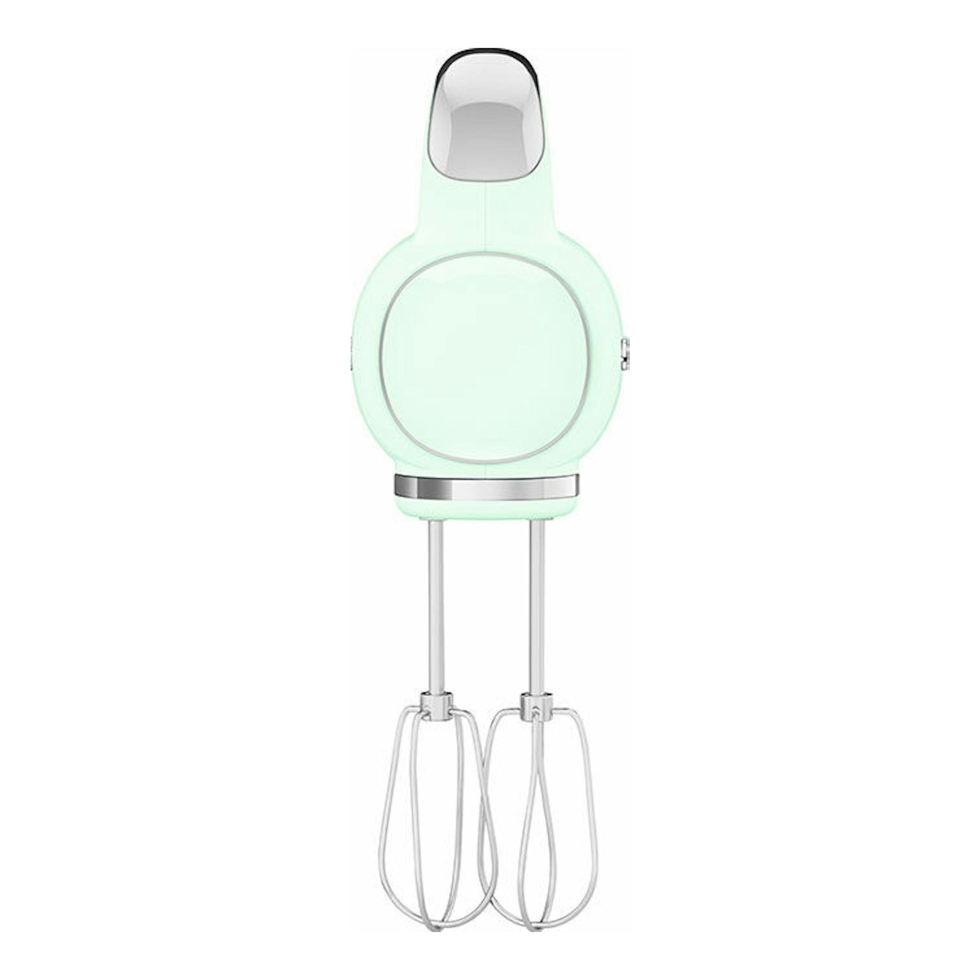 Batidora de mano Smeg HMF01PGEU verde menta, vista frontal con dos varillas.