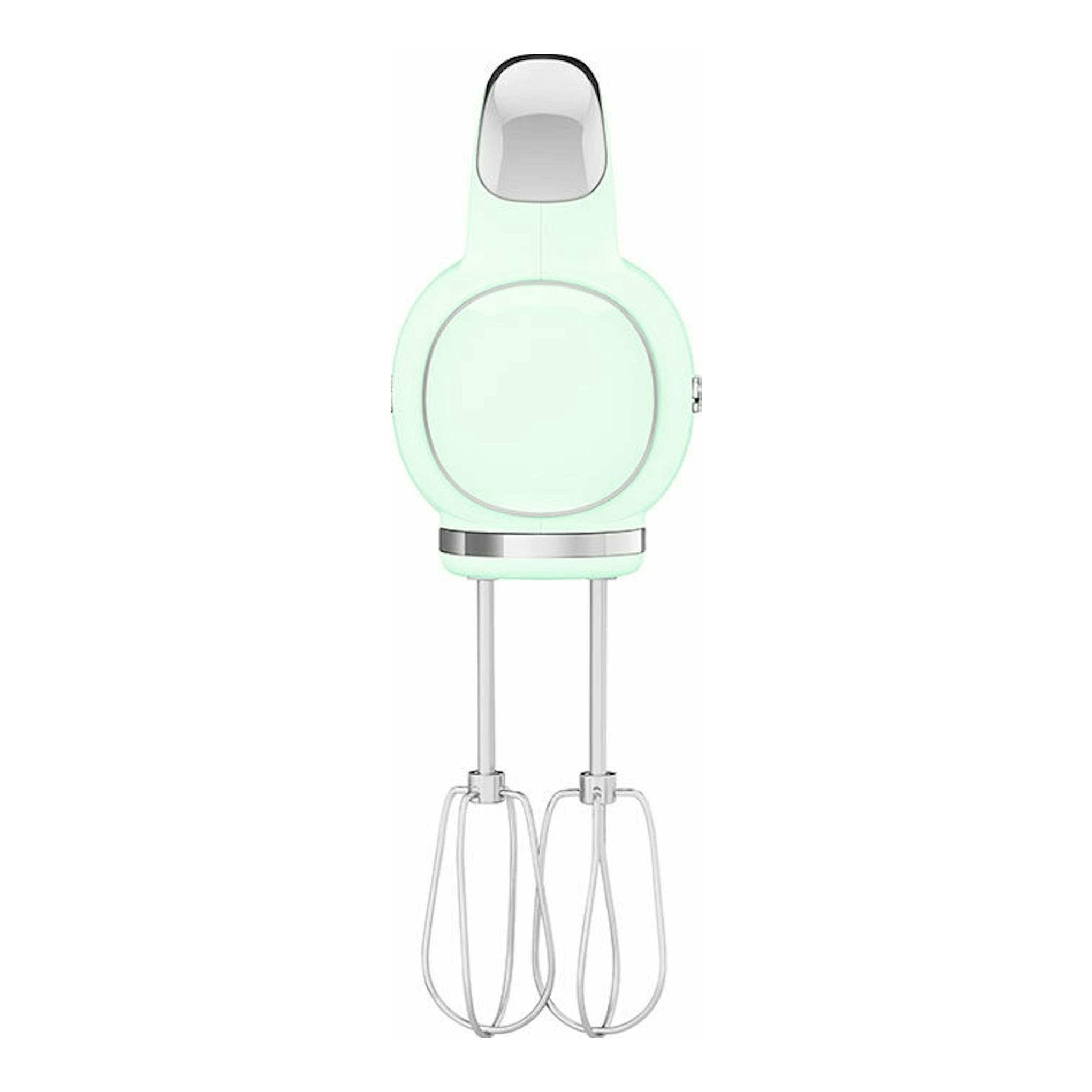 Batidora de mano Smeg HMF01PGEU verde menta, vista frontal con dos varillas.