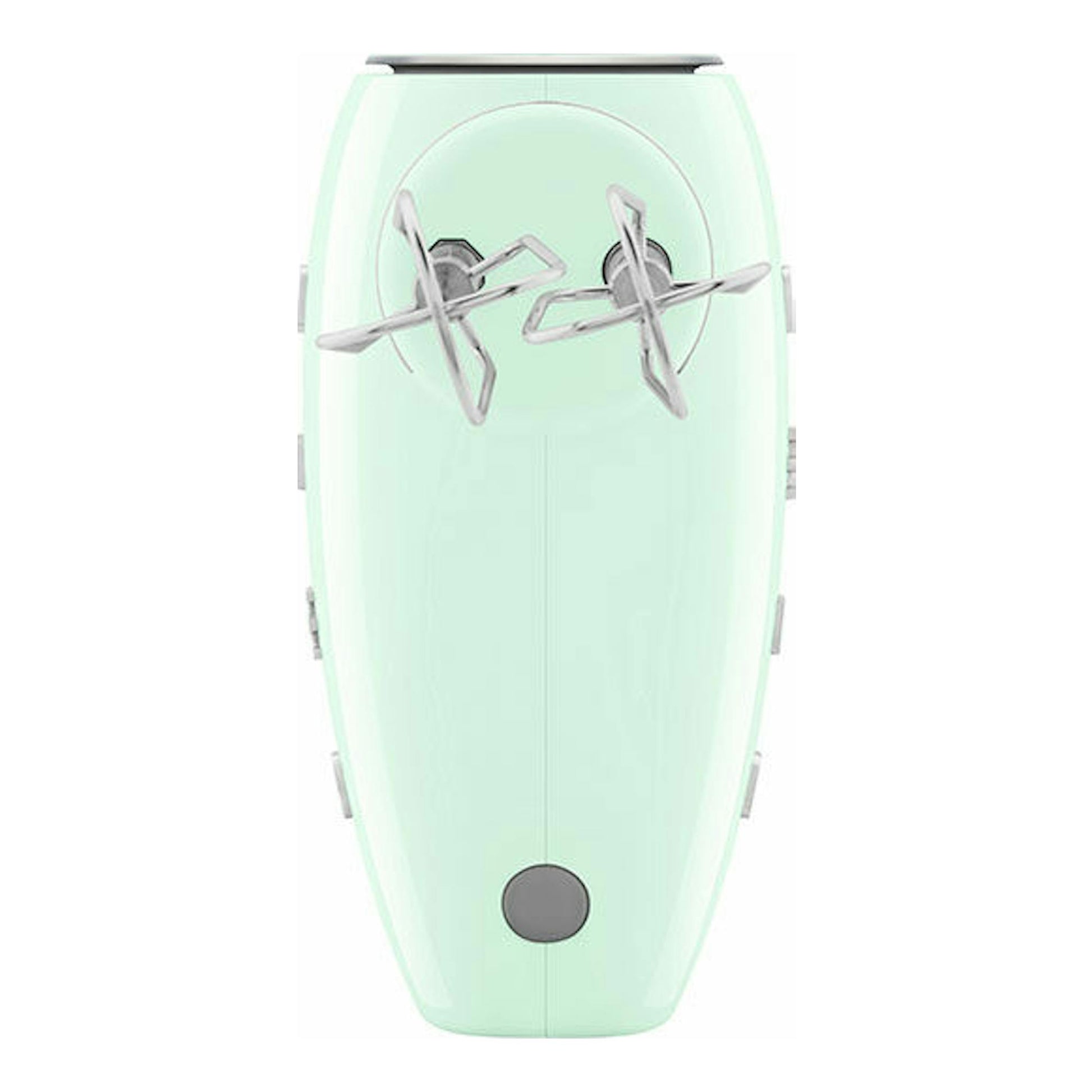 Batidora de mano Smeg HMF01PGEU verde menta, vista frontal con varillas batidoras.