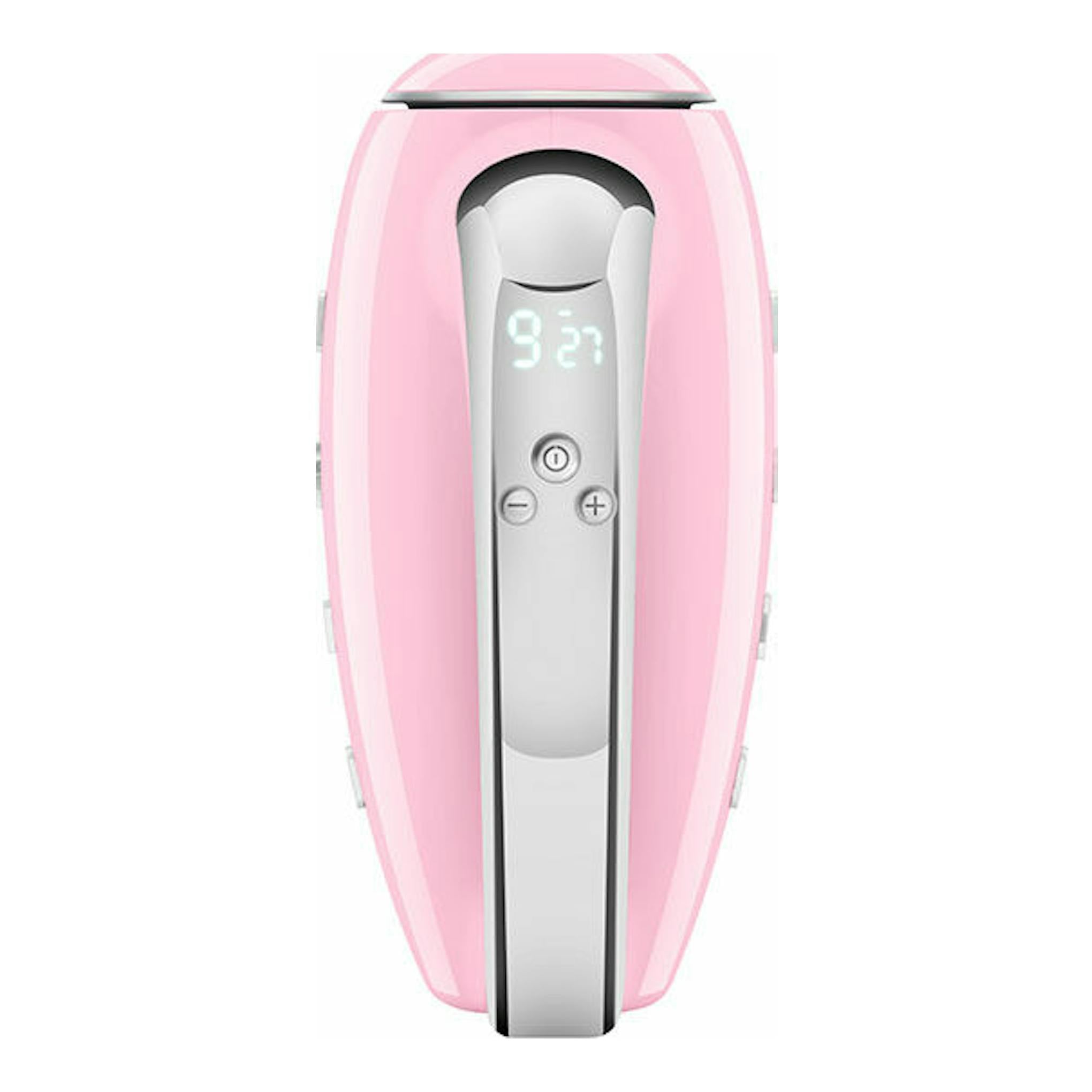 Amasadora de mano Smeg HMF01PKEU rosa, vista frontal, con pantalla digital y botones de control.