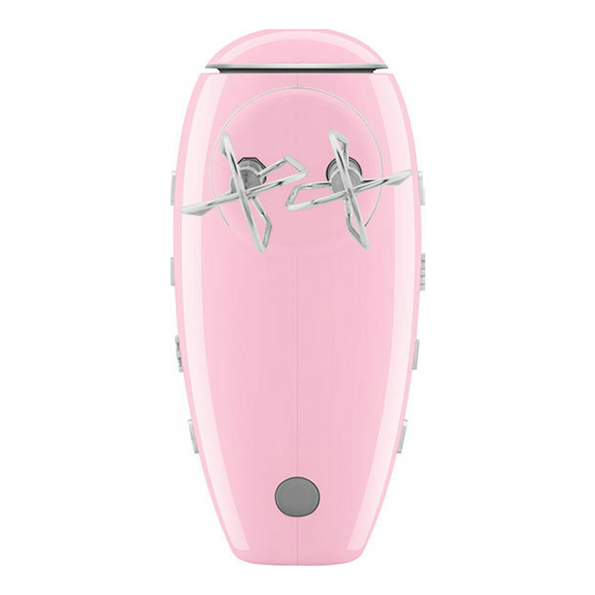 Amasadora Smeg HMF01PKEU rosa, vista frontal con varillas metálicas y fondo blanco.