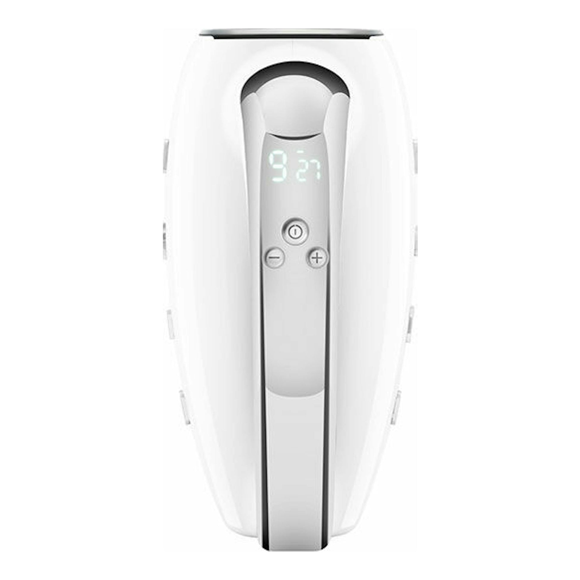 Amasadora Smeg HMF01WHEU blanca, vista frontal, con panel central plateado y pantalla digital.
