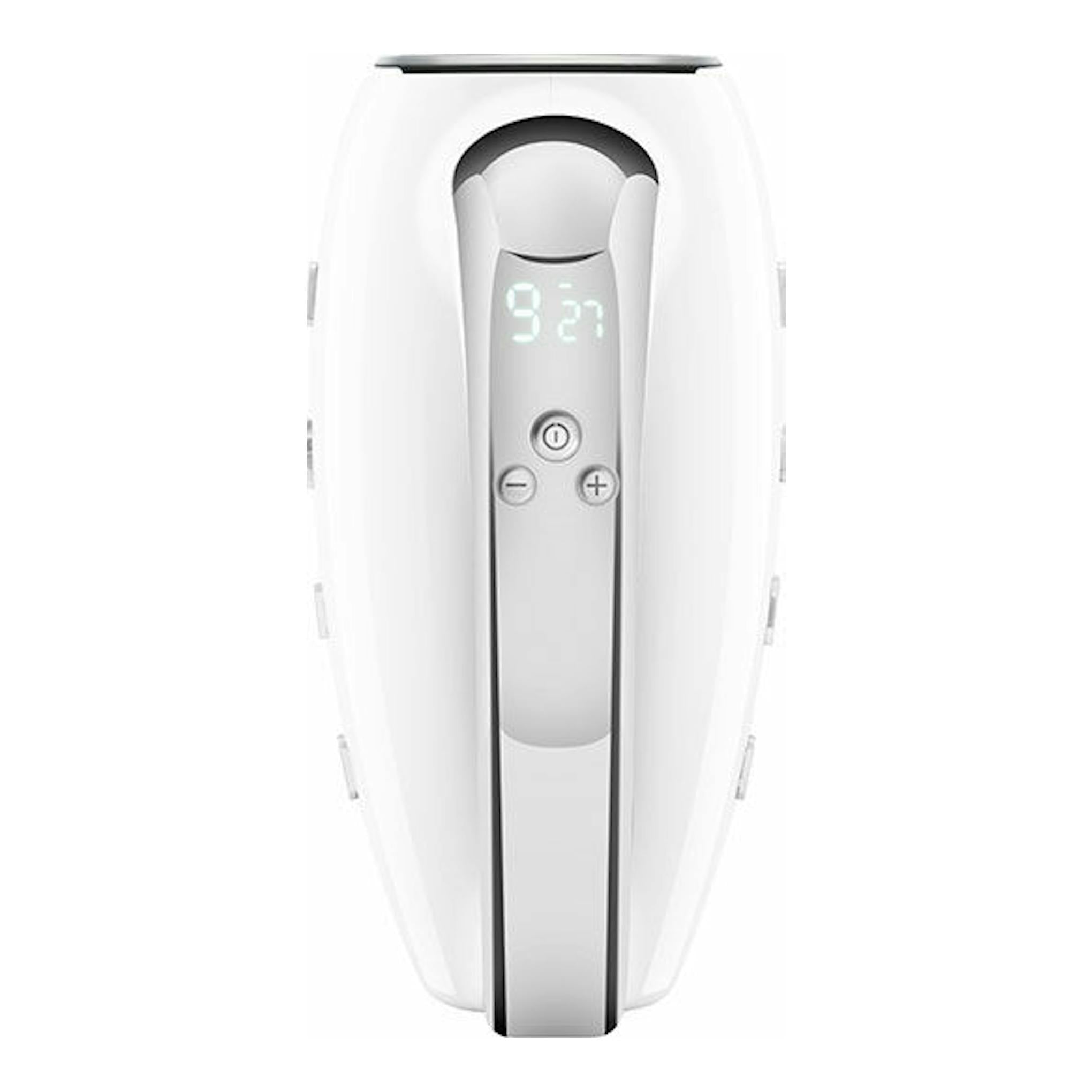 Amasadora Smeg HMF01WHEU blanca, vista frontal, con panel central plateado y pantalla digital.