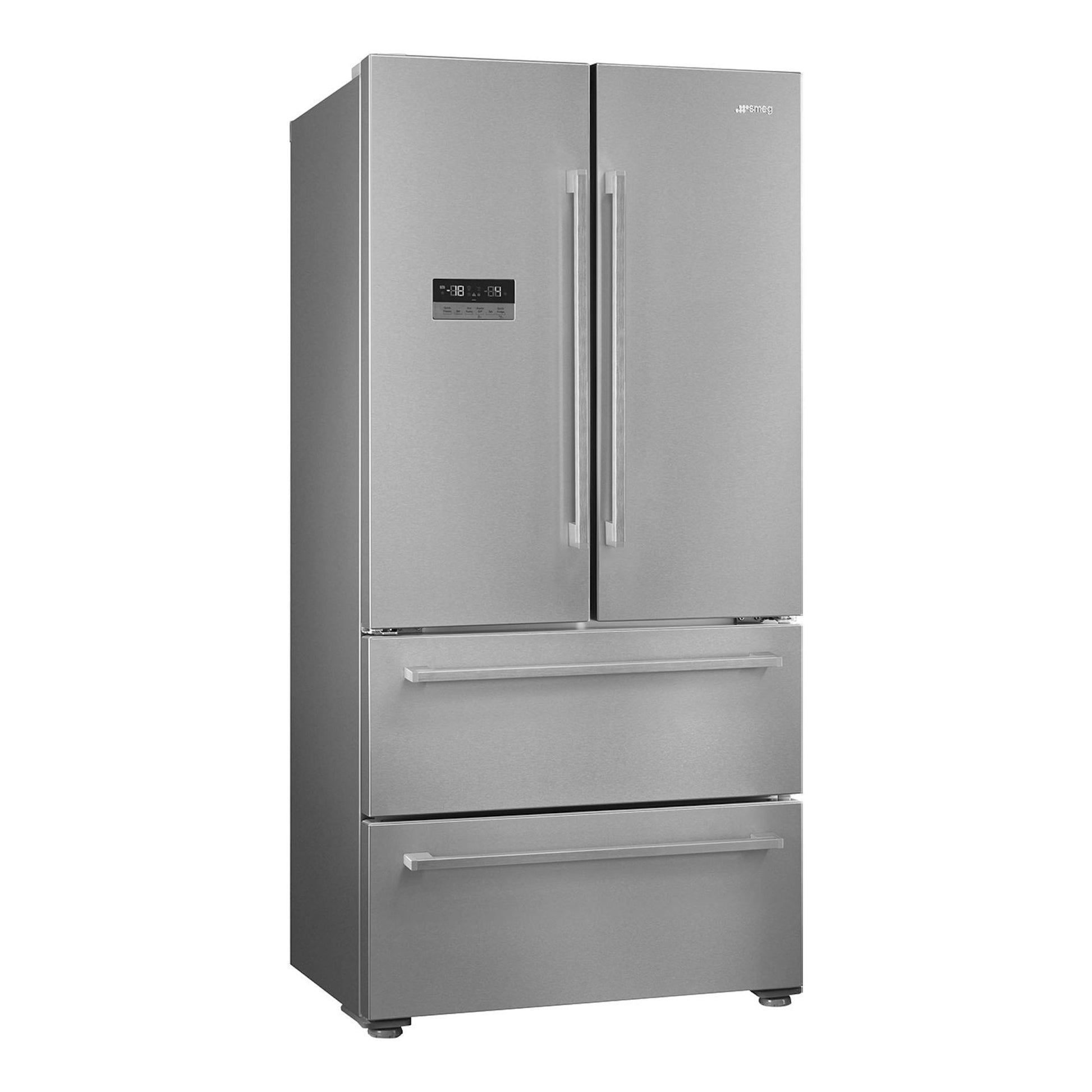 Frigorífico americano Smeg FQ55FXDE en inox, vista frontal, con dos puertas y dos cajones.