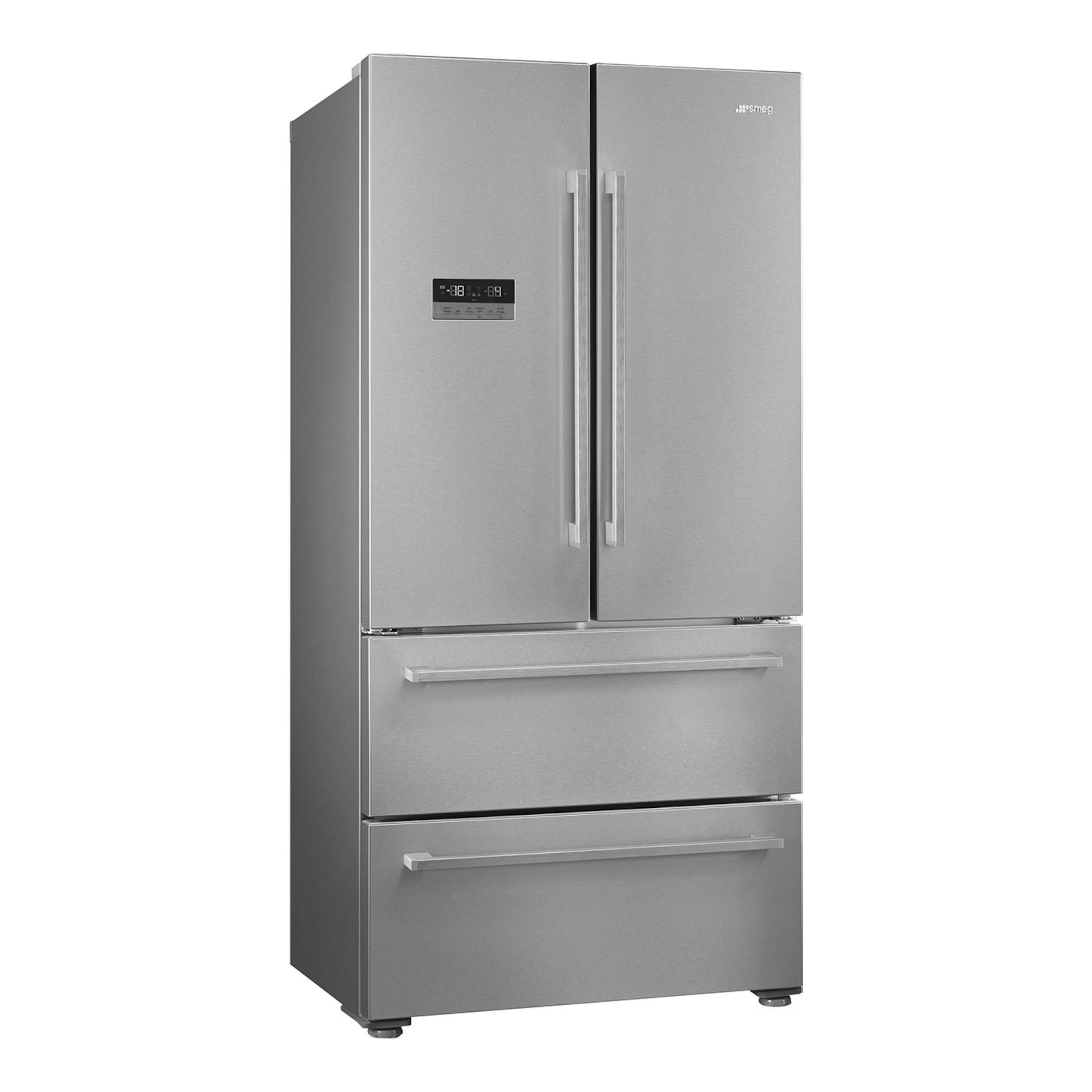 Frigorífico americano Smeg FQ55FXDE en inox, vista frontal, con dos puertas y dos cajones.