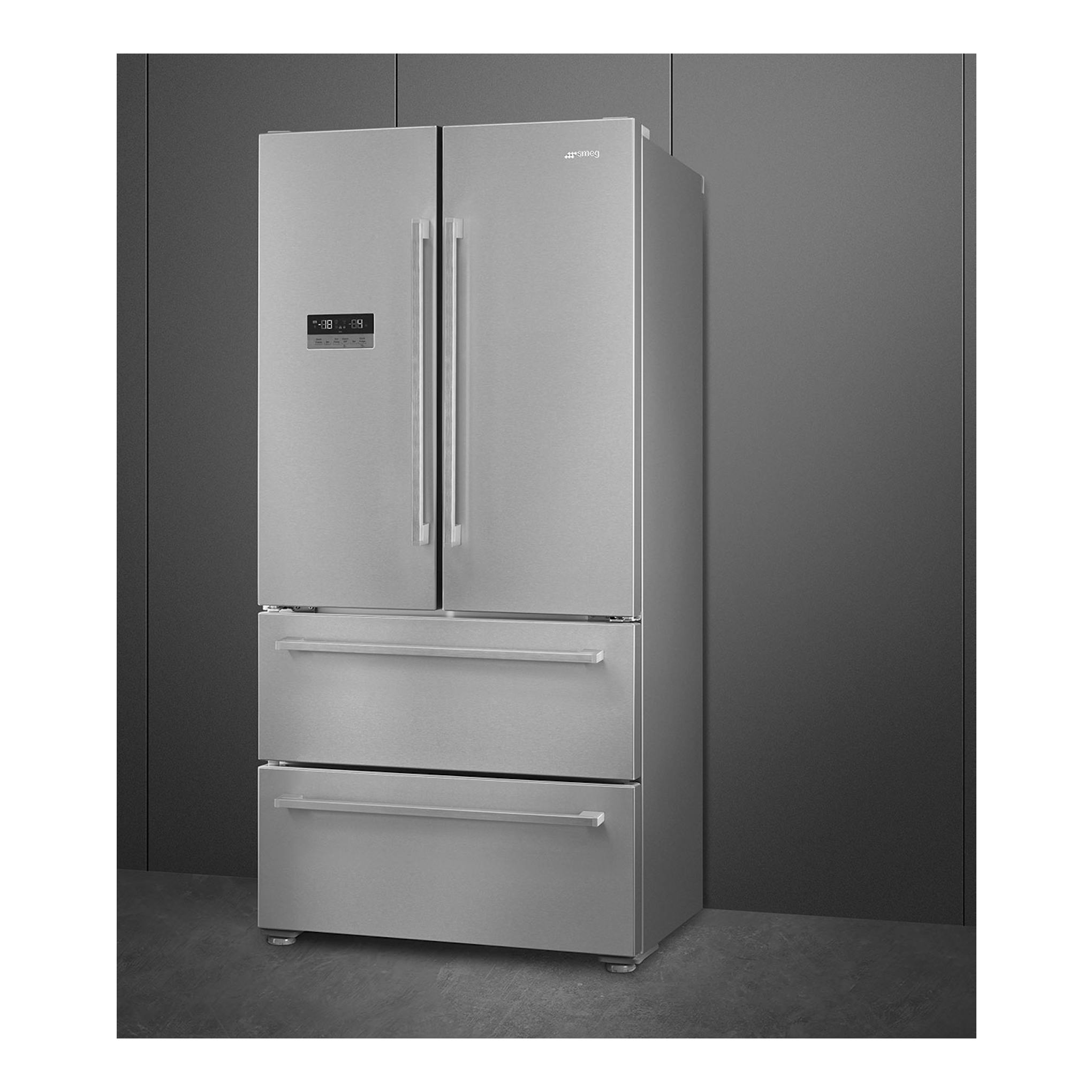 Frigorífico americano Smeg FQ55FXDE inox, vista frontal, con dos puertas y dos cajones inferiores.