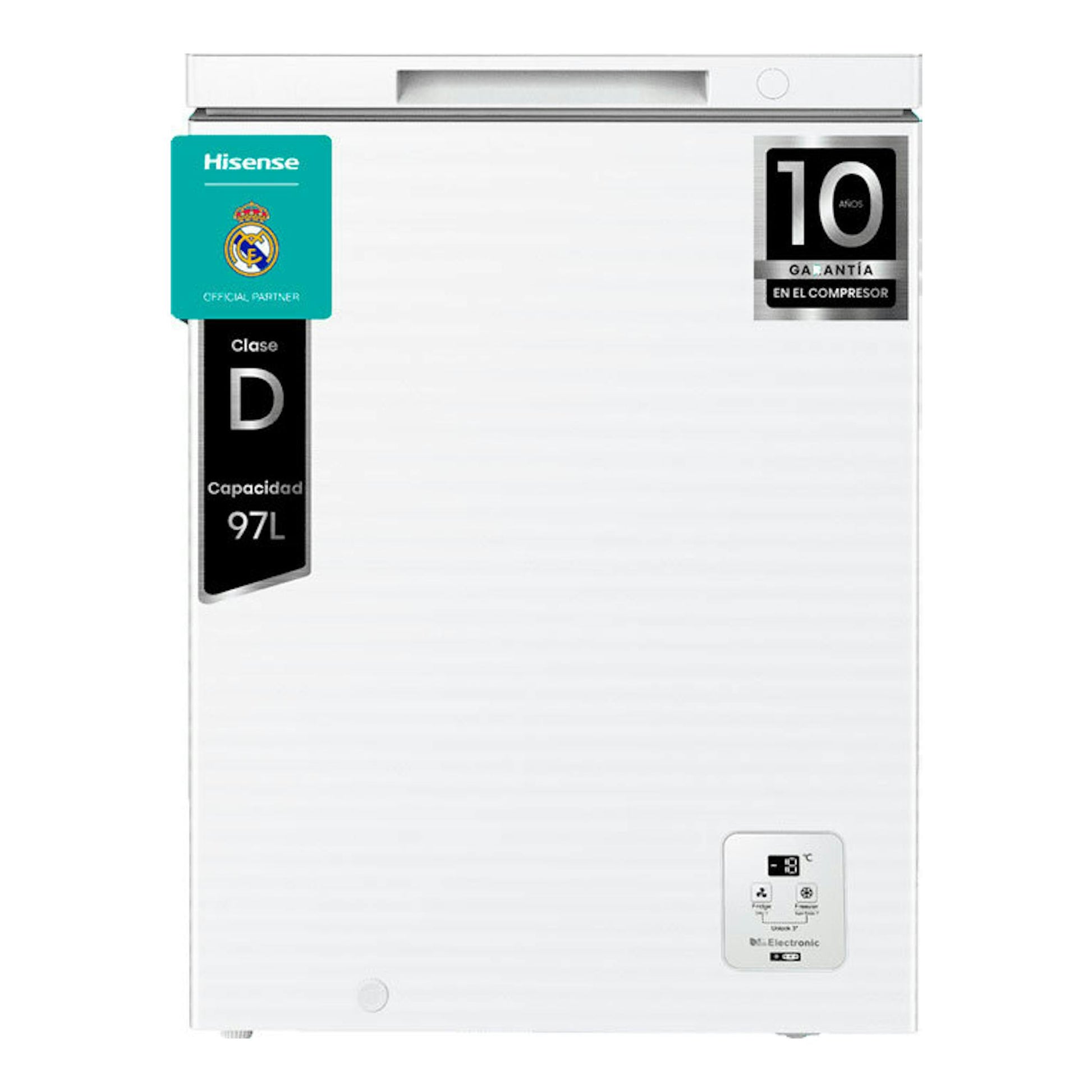 Arcón congelador Hisense FT100N1AWDL blanco, vista frontal, con panel de control inferior y etiquetas visibles.