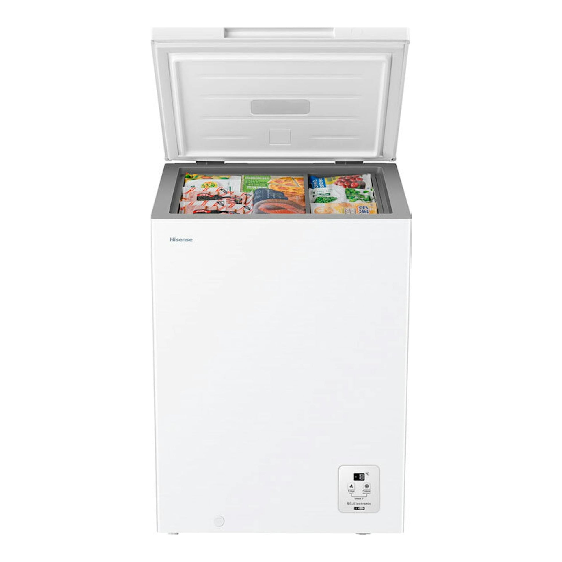 Arcón congelador Hisense FT100N1AWDL blanco, vista frontal, tapa abierta e interior con alimentos congelados.