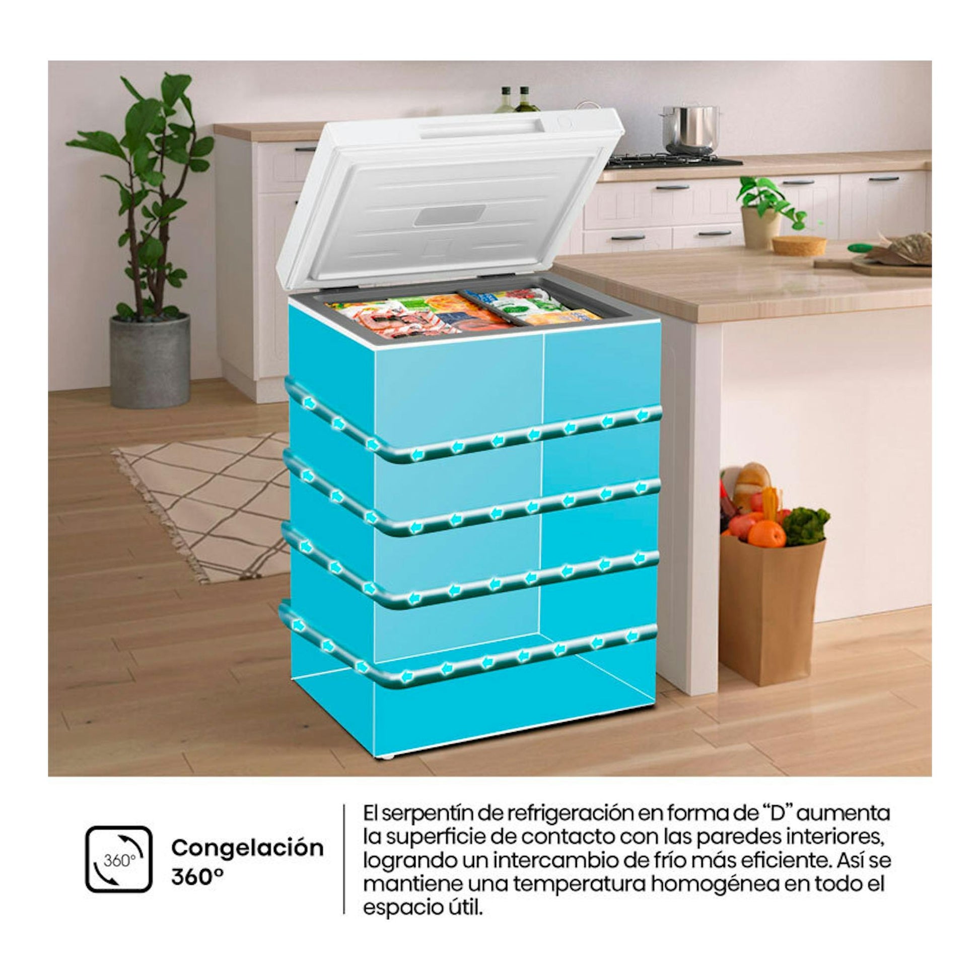 Arcón congelador Hisense FT100N1AWDL blanco, con tapa abierta y esquema azul de refrigeración en una cocina.