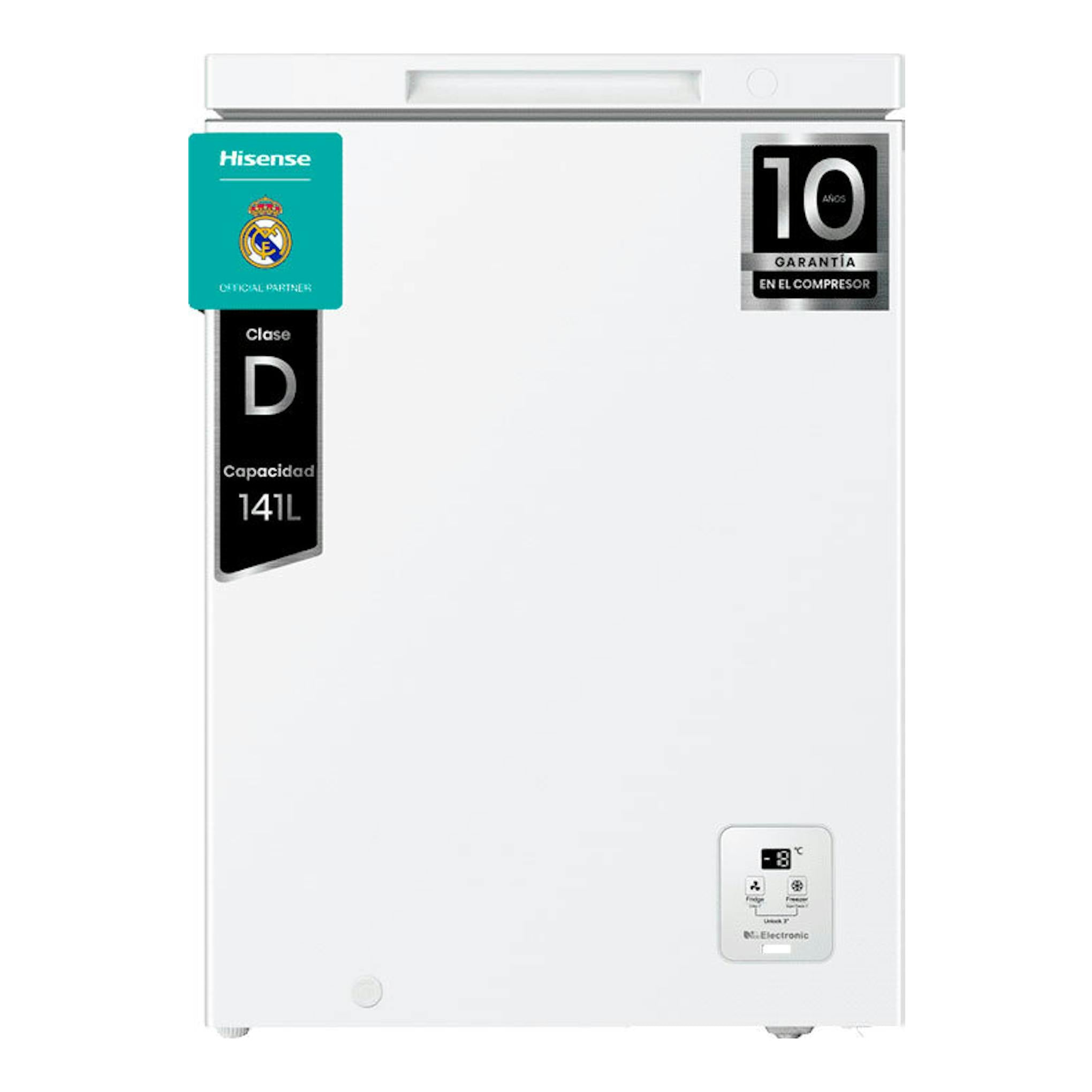 Arcón congelador Hisense FT145N1AWDL blanco, vista frontal, con panel de control en la esquina inferior derecha.