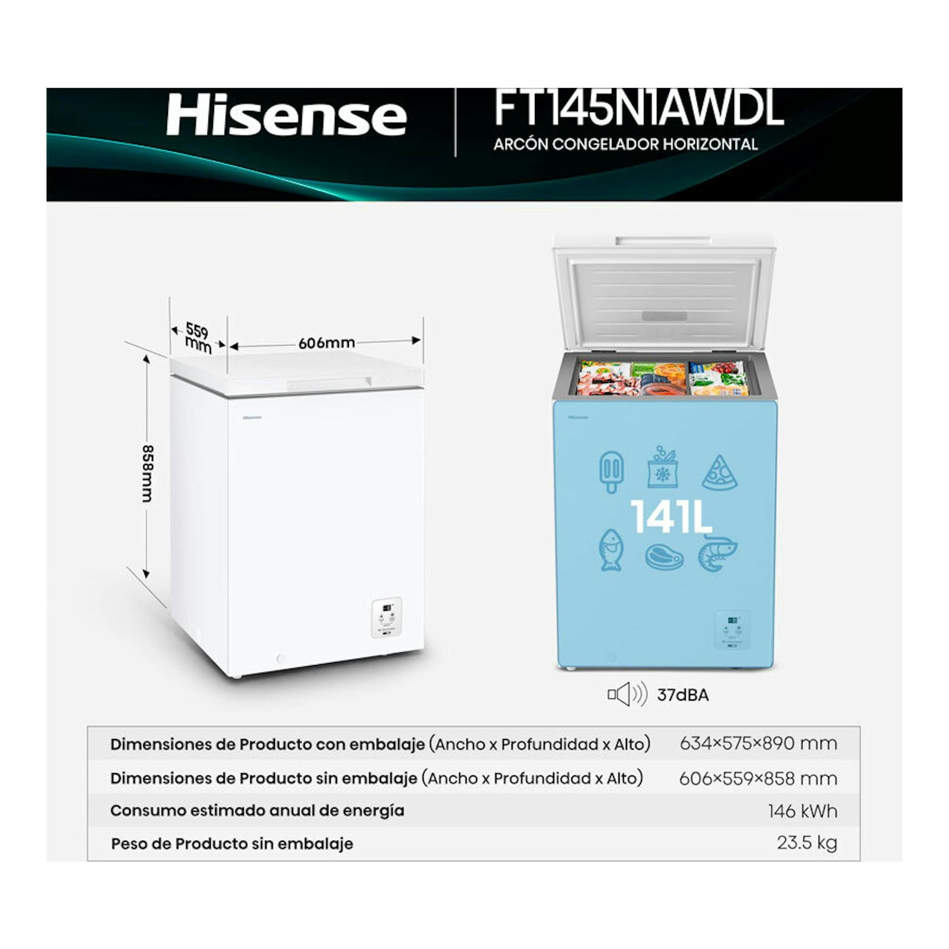 Arcón congelador horizontal Hisense FT145N1AWDL blanco, vista frontal con tapa abierta e interior visible.