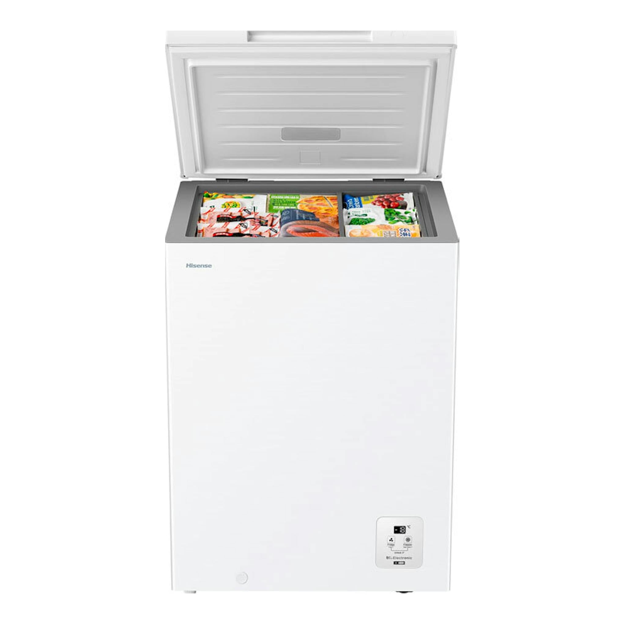 Arcón congelador Hisense FT145N1AWDL blanco, vista frontal con tapa abatible abierta.