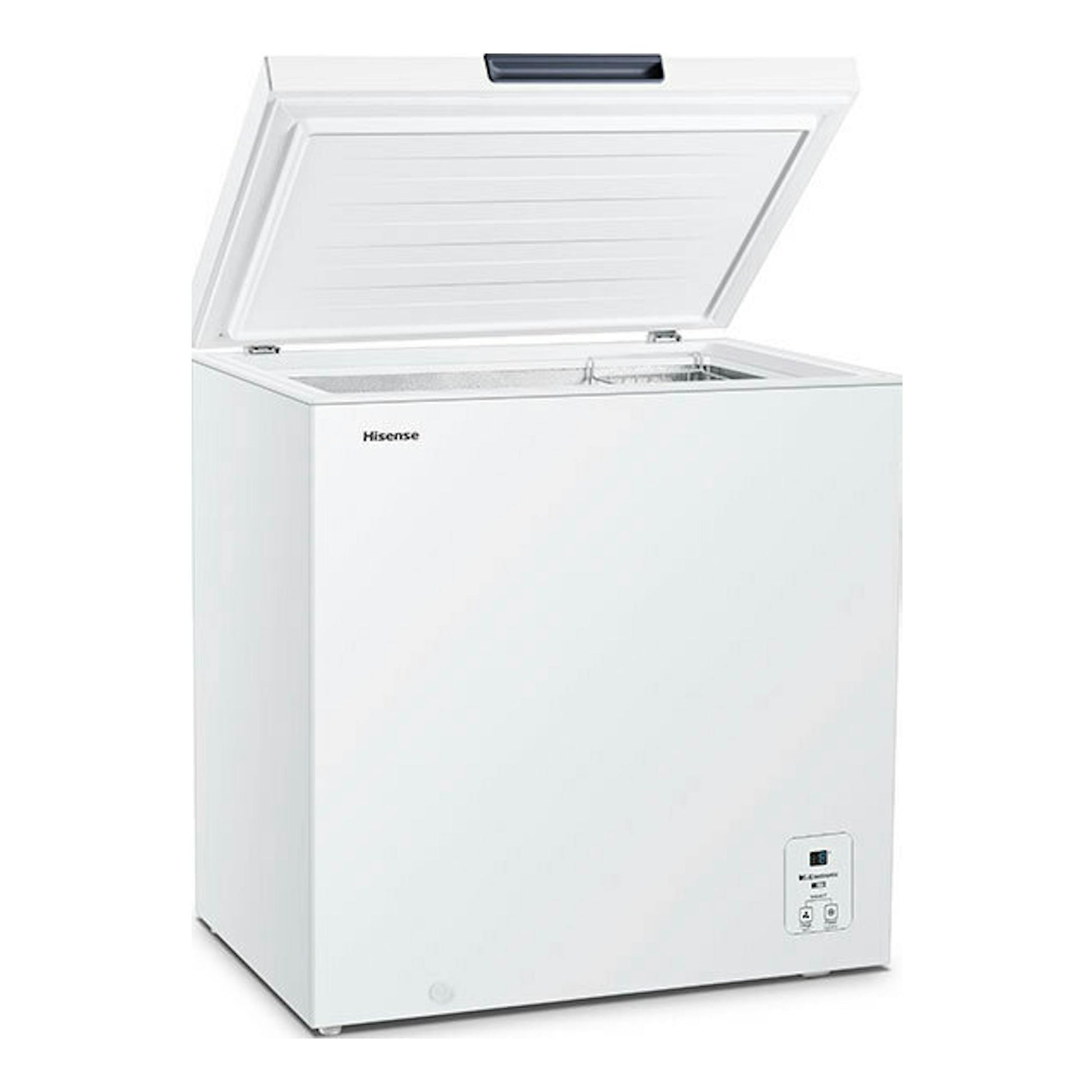 Arcón congelador Hisense FT184D4AWYE blanco, vista frontal con tapa abatible abierta.