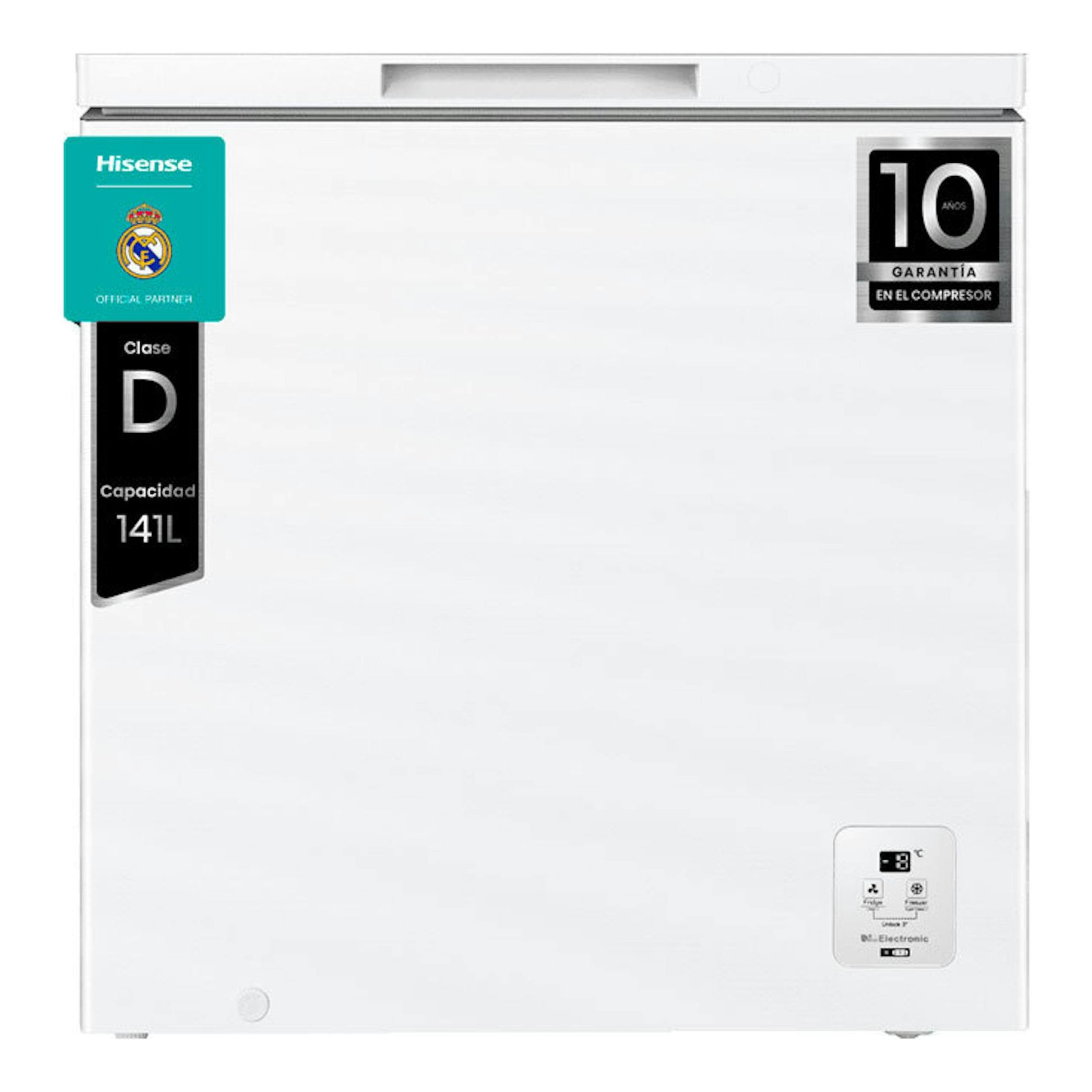 Arcón congelador Hisense FT200N1AWDL blanco, vista frontal, con panel digital en la esquina inferior derecha.