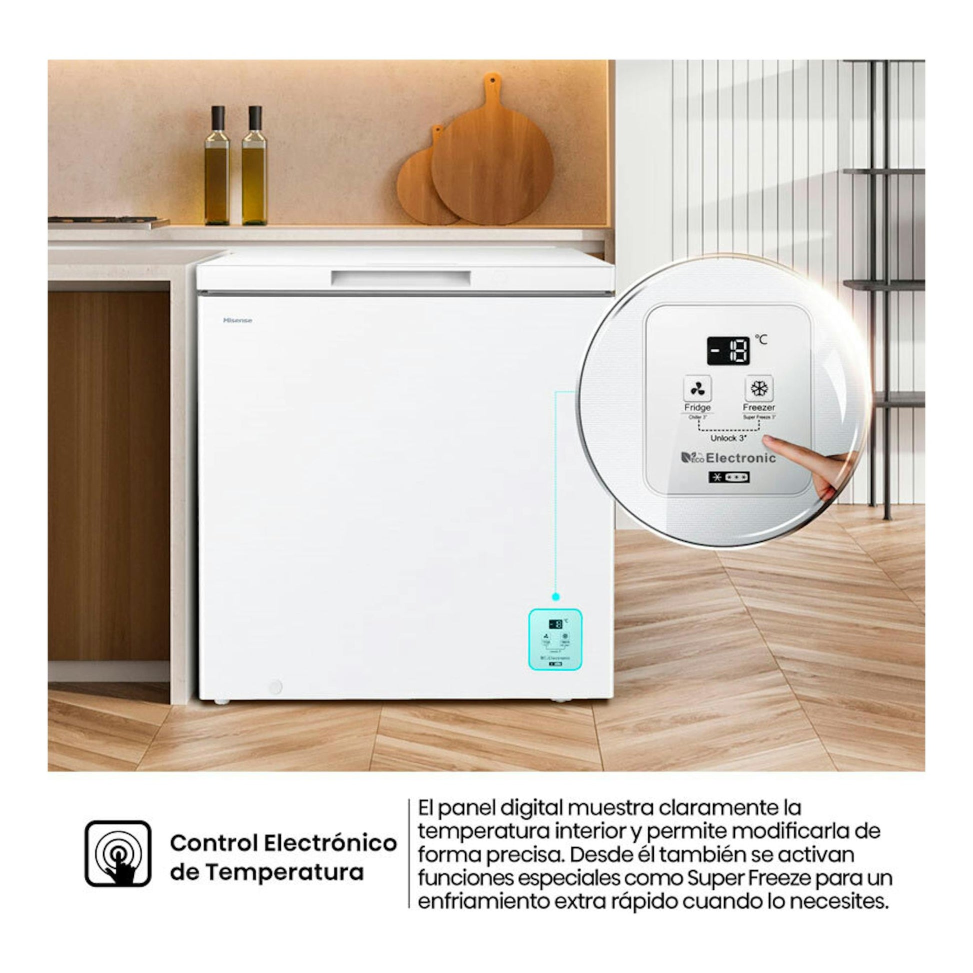 Arcón congelador Hisense FT200N1AWDL blanco, vista frontal, con panel digital.
