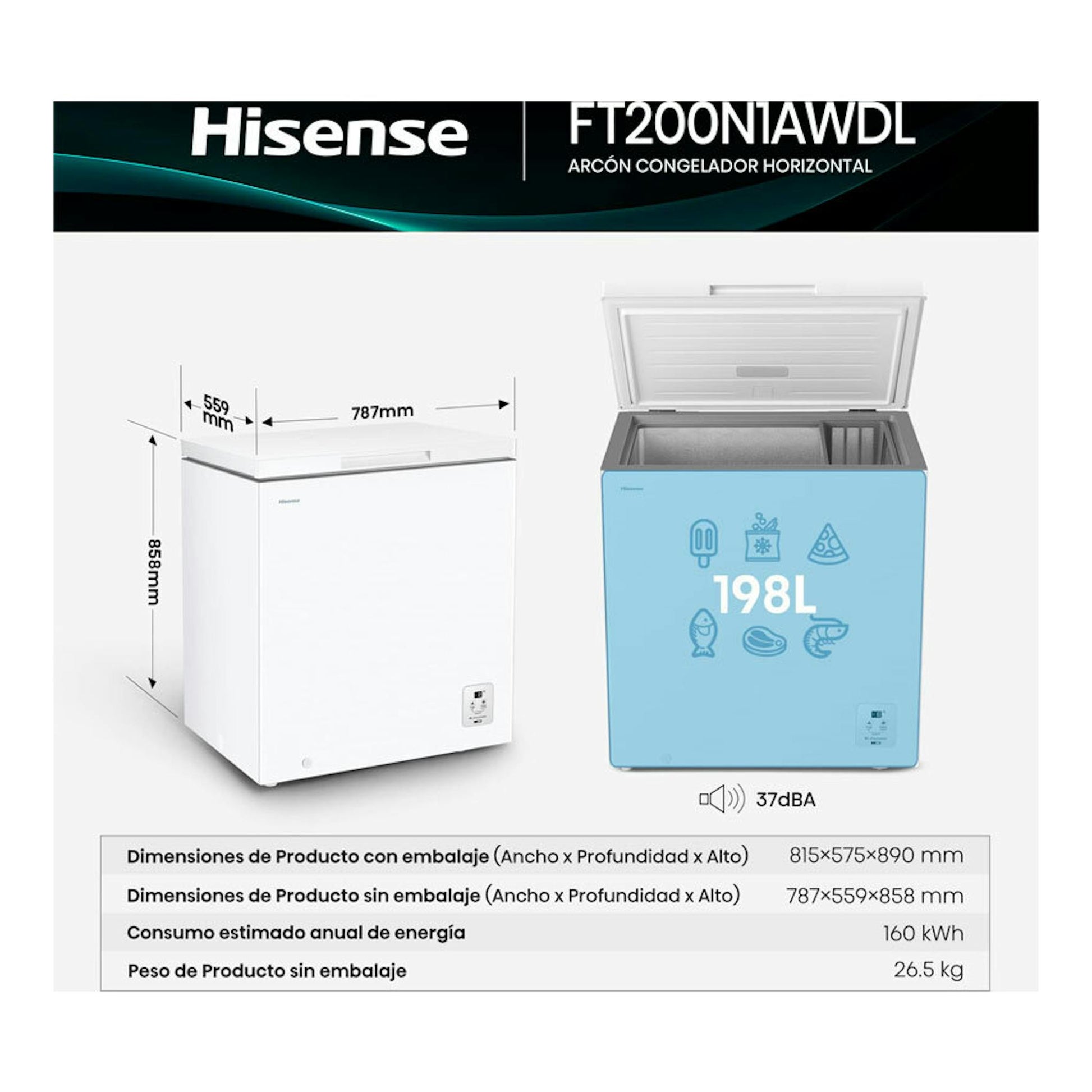 Arcón congelador horizontal Hisense FT200N1AWDL blanco, vista frontal y abierto, capacidad 198 L.