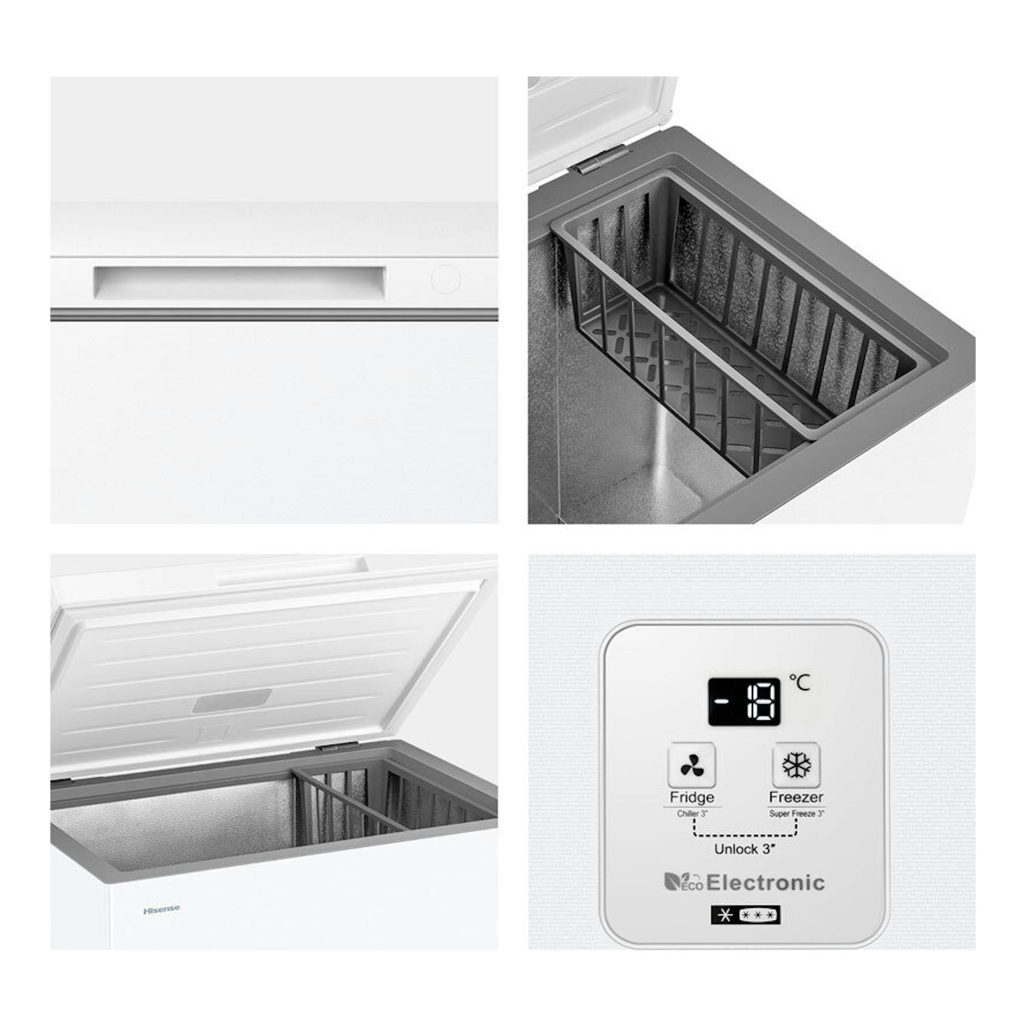 Arcón congelador Hisense FT200N1AWDL blanco, vista frontal y superior con tapa abierta y panel digital.