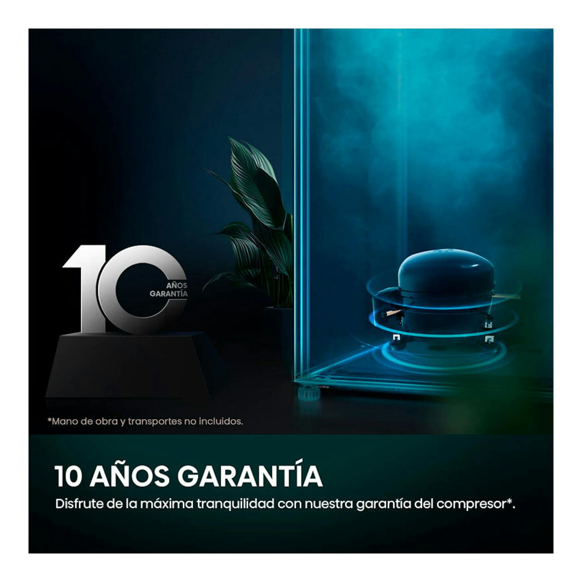 Promoción de Hisense con texto “10 años garantía” y un compresor azul sobre fondo oscuro.