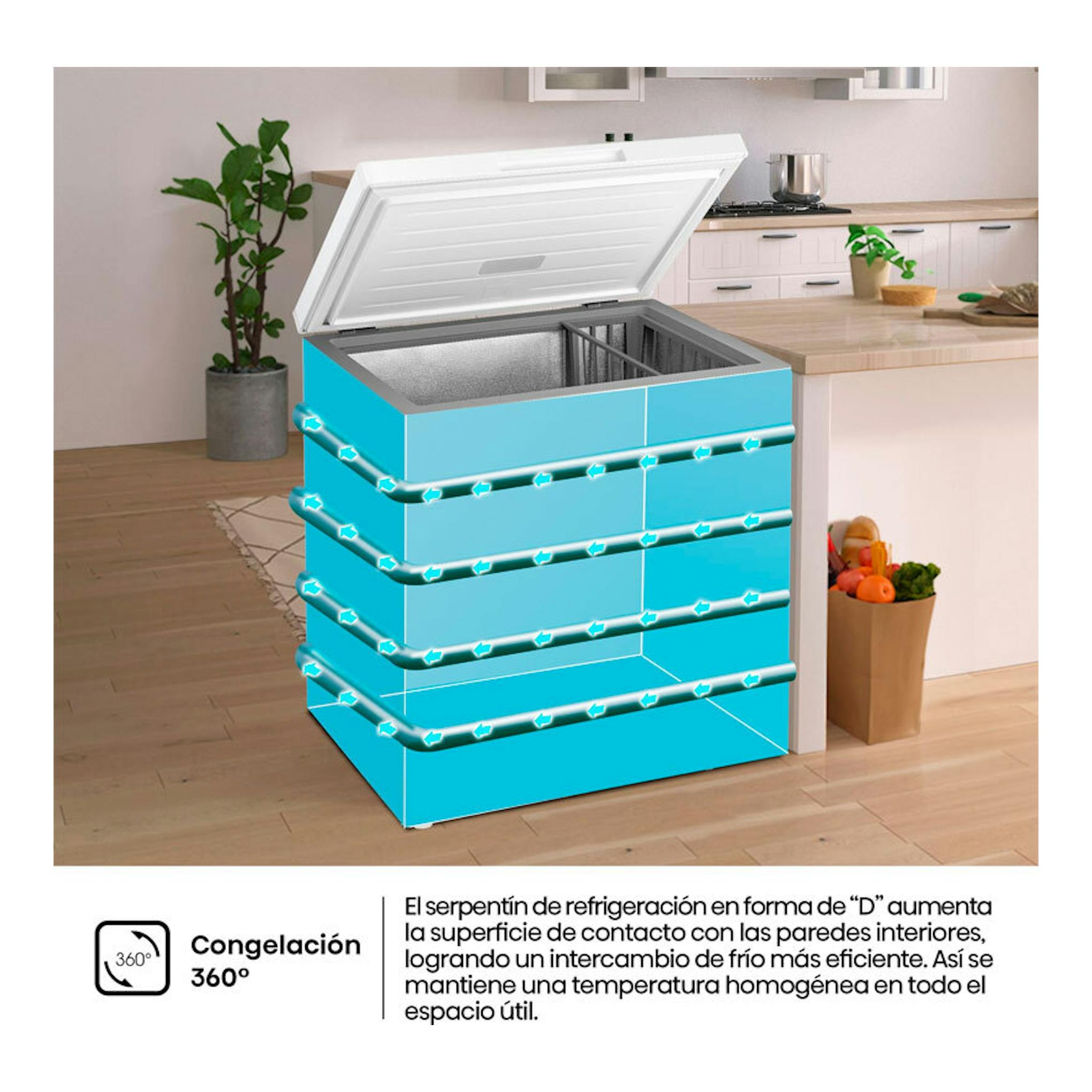 Arcón congelador Hisense FT200N1AWDL blanco, visto en cocina, con tapa abierta y gráfico de congelación 360°.