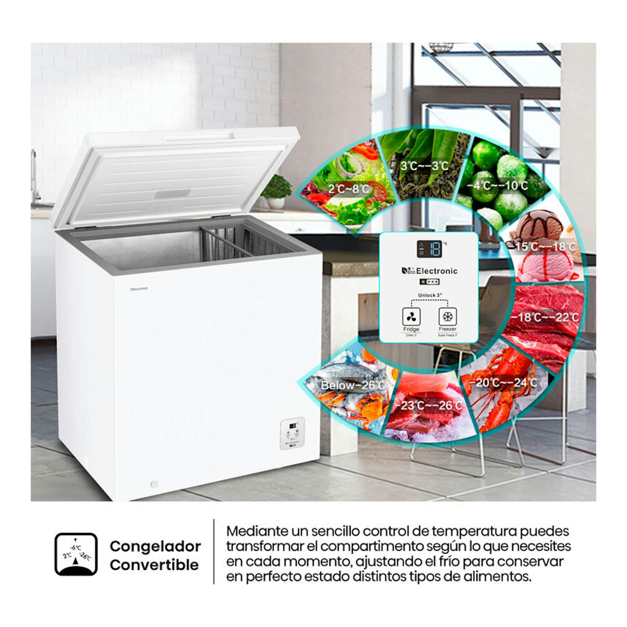 Arcón congelador blanco Hisense FT200N1AWDL, vista frontal izquierda con tapa abierta.