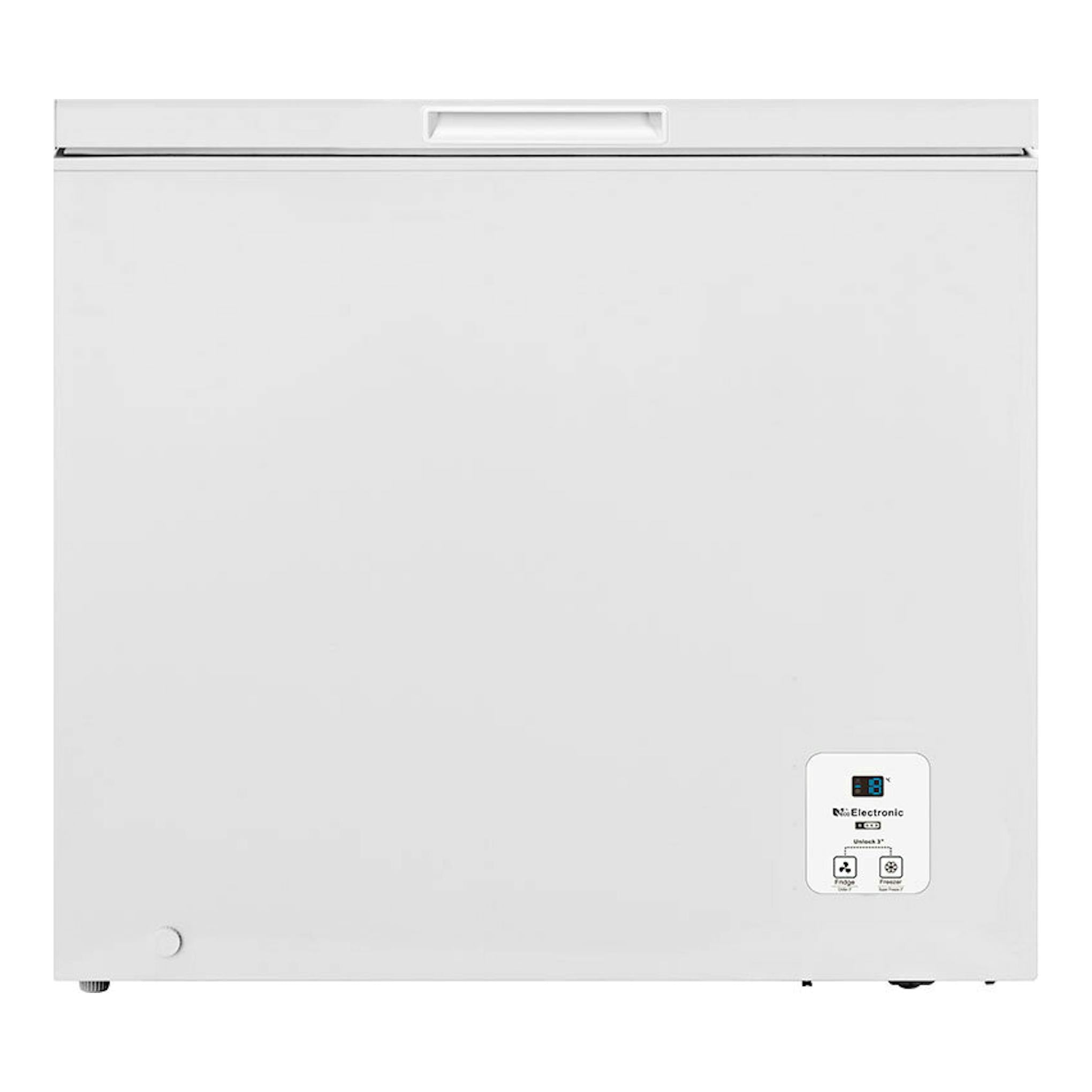 Arcón congelador Hisense FT247D4AWYLE blanco, vista frontal, con tapa superior y panel digital.