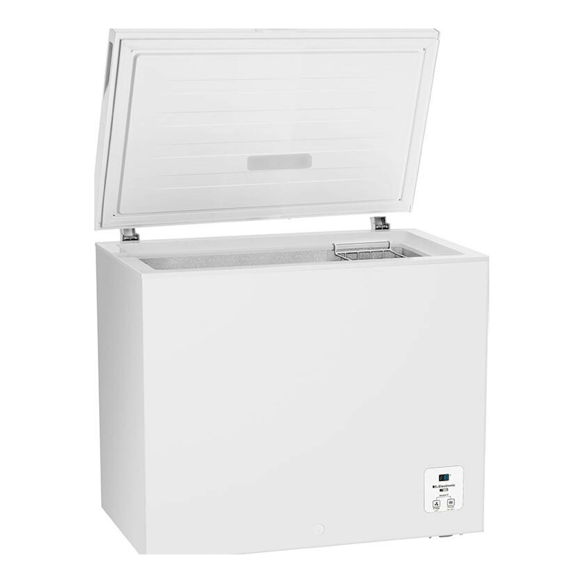 Arcón congelador Hisense FT247D4AWYLE blanco, vista frontal en tres cuartos, con tapa superior abierta.