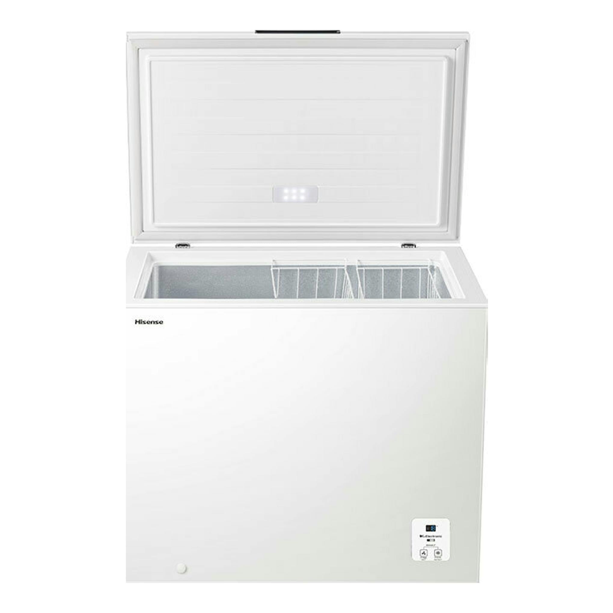 Arcón congelador Hisense FT321D4AWLE blanco, vista frontal con tapa superior abierta.