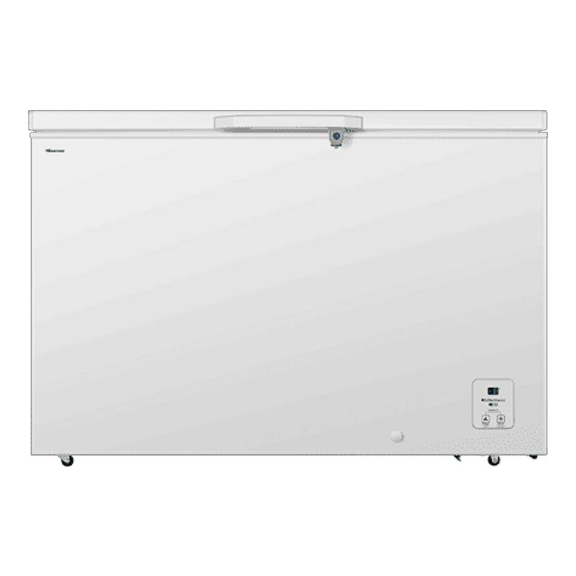 Arcón congelador Hisense FT484D4AWLYD blanco, vista frontal con tapa superior y panel de control.