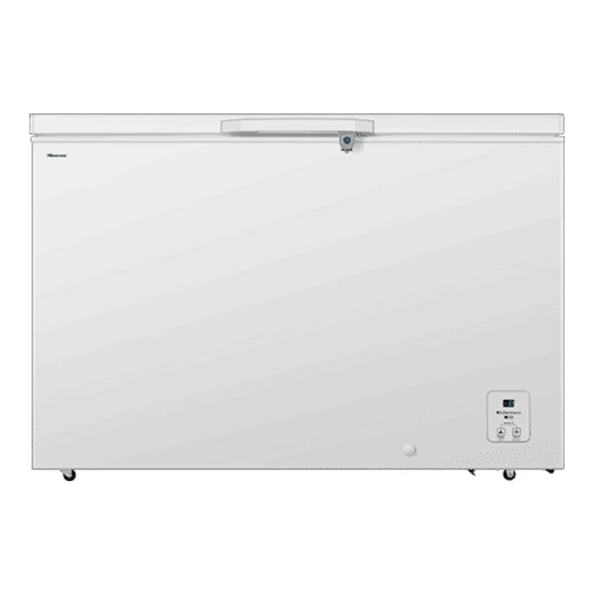 Arcón congelador Hisense FT484D4AWLYD blanco, vista frontal con tapa superior y panel de control.
