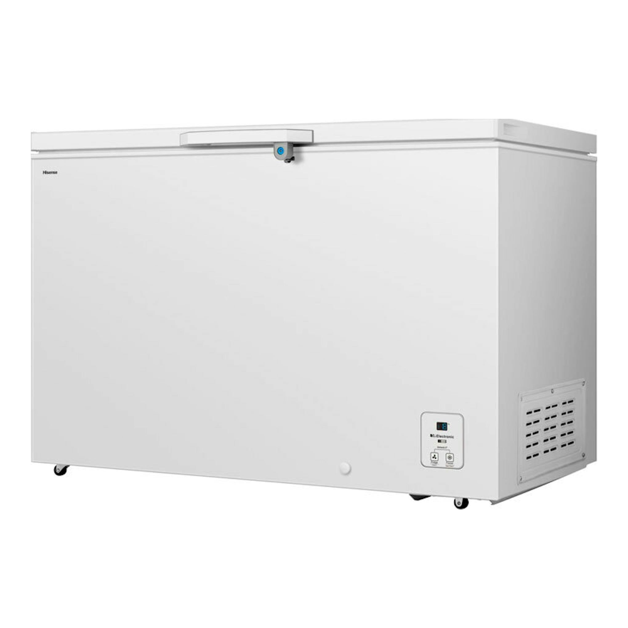 Arcón congelador Hisense FT484D4AWLYD blanco, vista frontal en ángulo derecho.