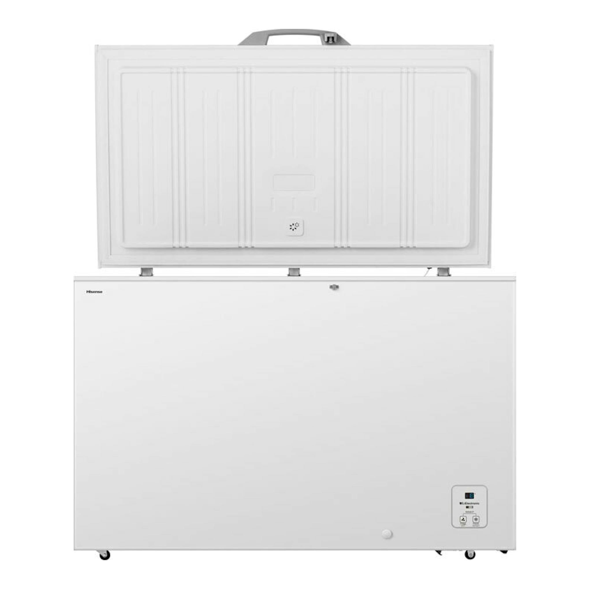 Arcón congelador Hisense FT484D4AWLYD blanco, vista frontal con la tapa superior abierta.