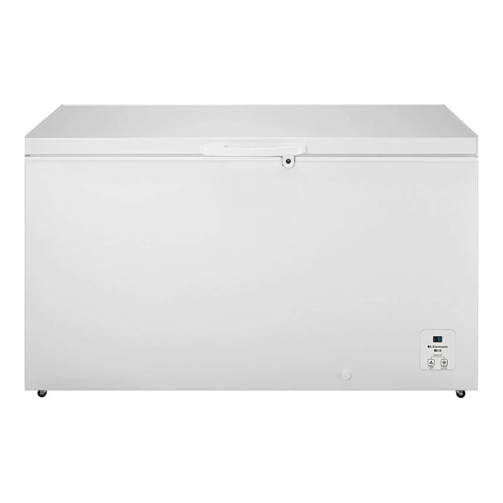 Arcón congelador Hisense FT546D4AWLYE blanco, vista frontal, con tapa superior y panel de control inferior derecho.