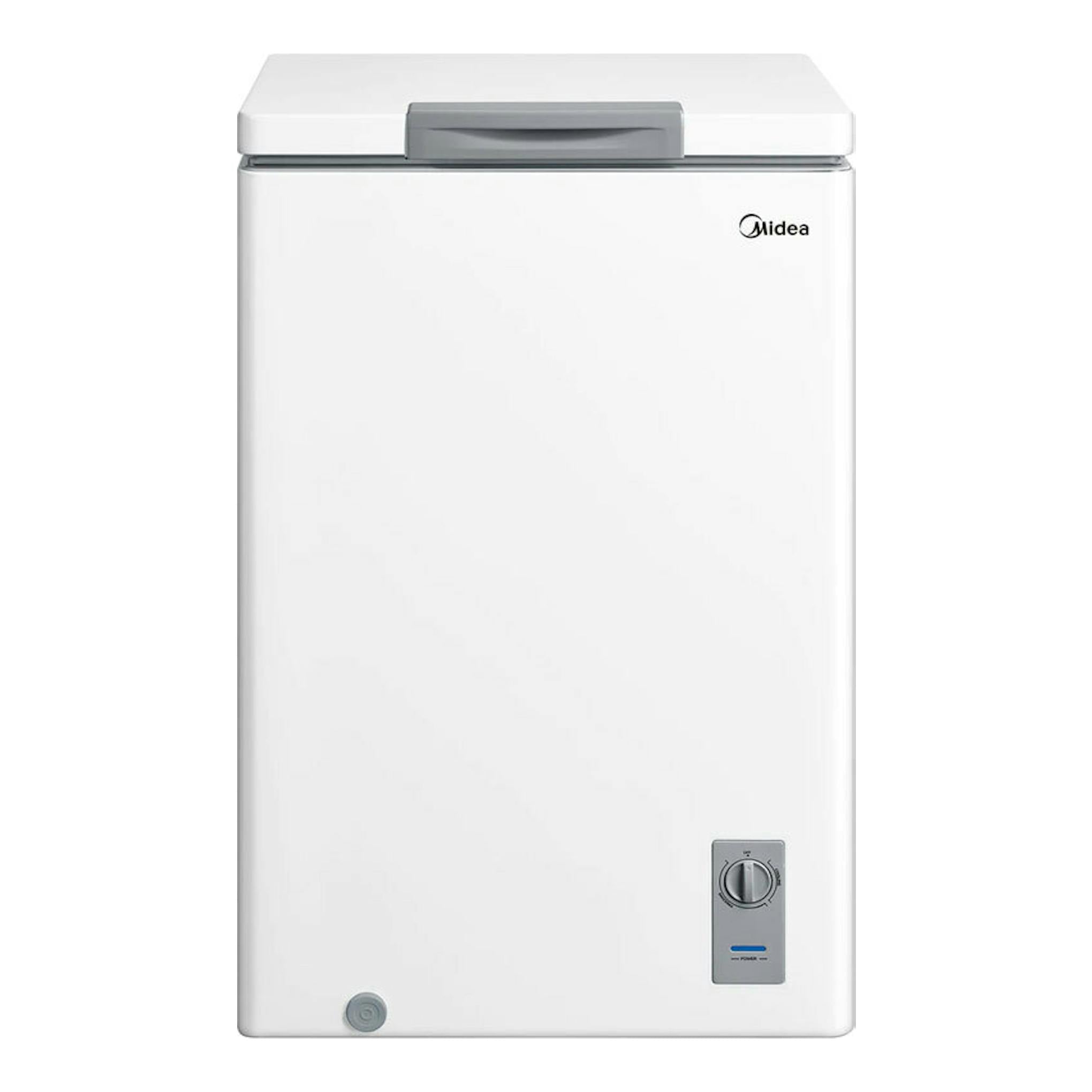 Arcón congelador Midea MDRC152SLF01G blanco, vista frontal, con tapa superior y control gris en la parte inferior.
