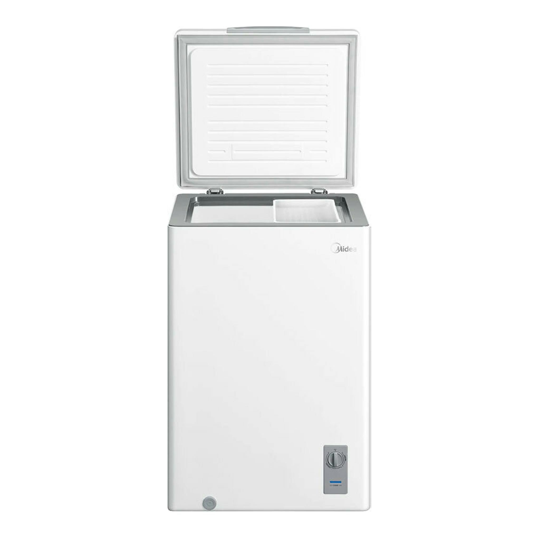 Arcón congelador Midea MDRC152SLF01G blanco, vista frontal con tapa abierta.
