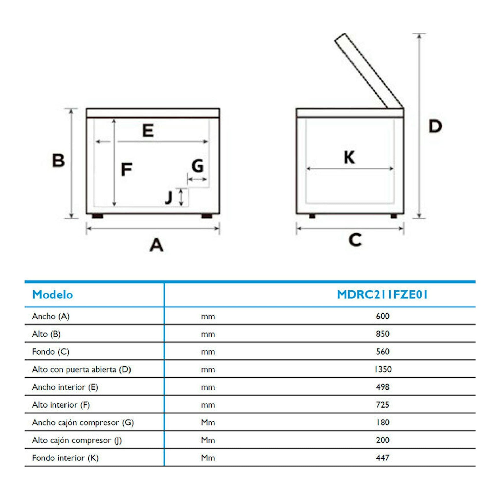 Diagrama técnico del arcón Midea MDRC211FZE01 blanco, con vistas frontal y lateral y medidas en mm.