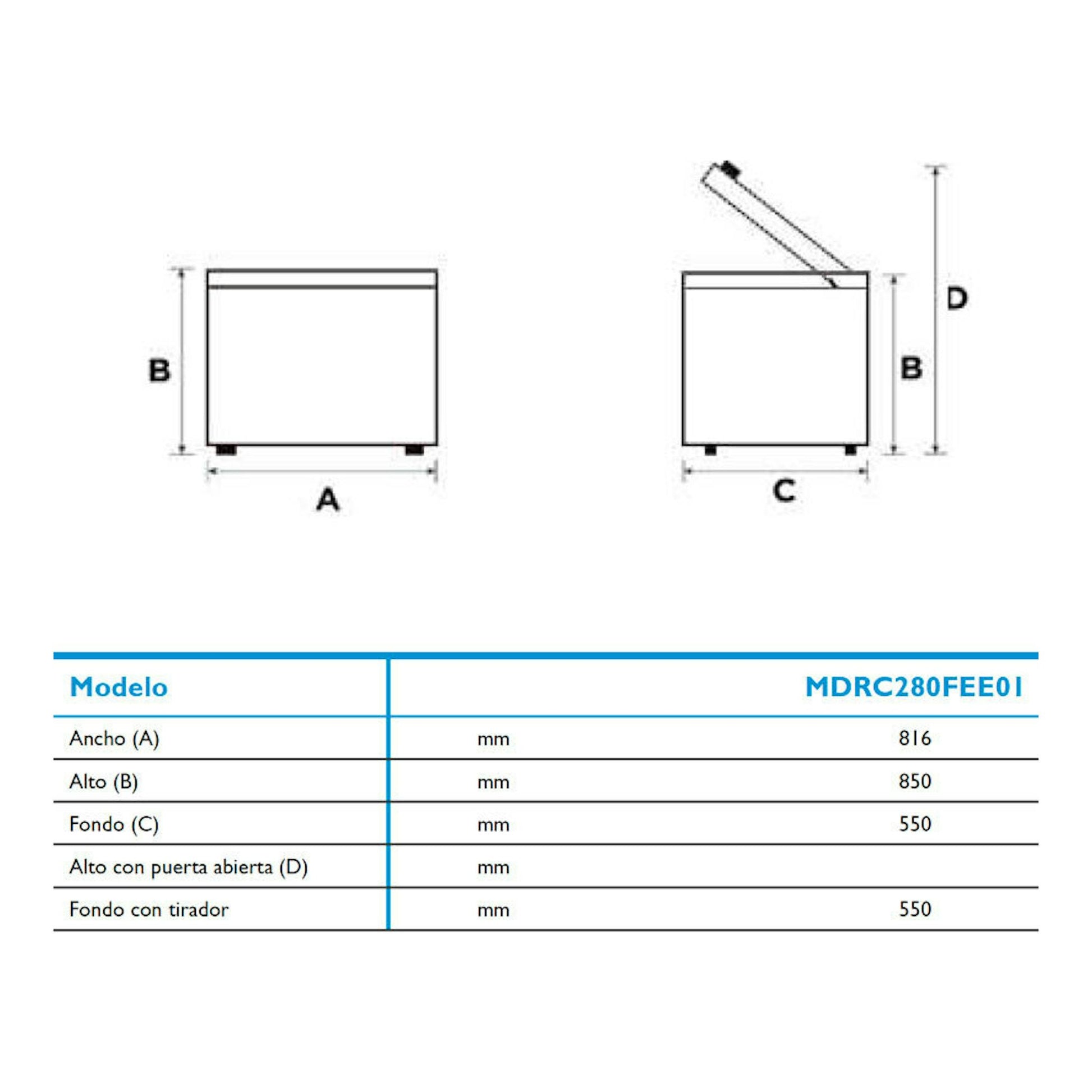 Esquema técnico del arcón Midea MDRC280FEE01 blanco, con medidas de ancho, alto y fondo y tapa abierta.