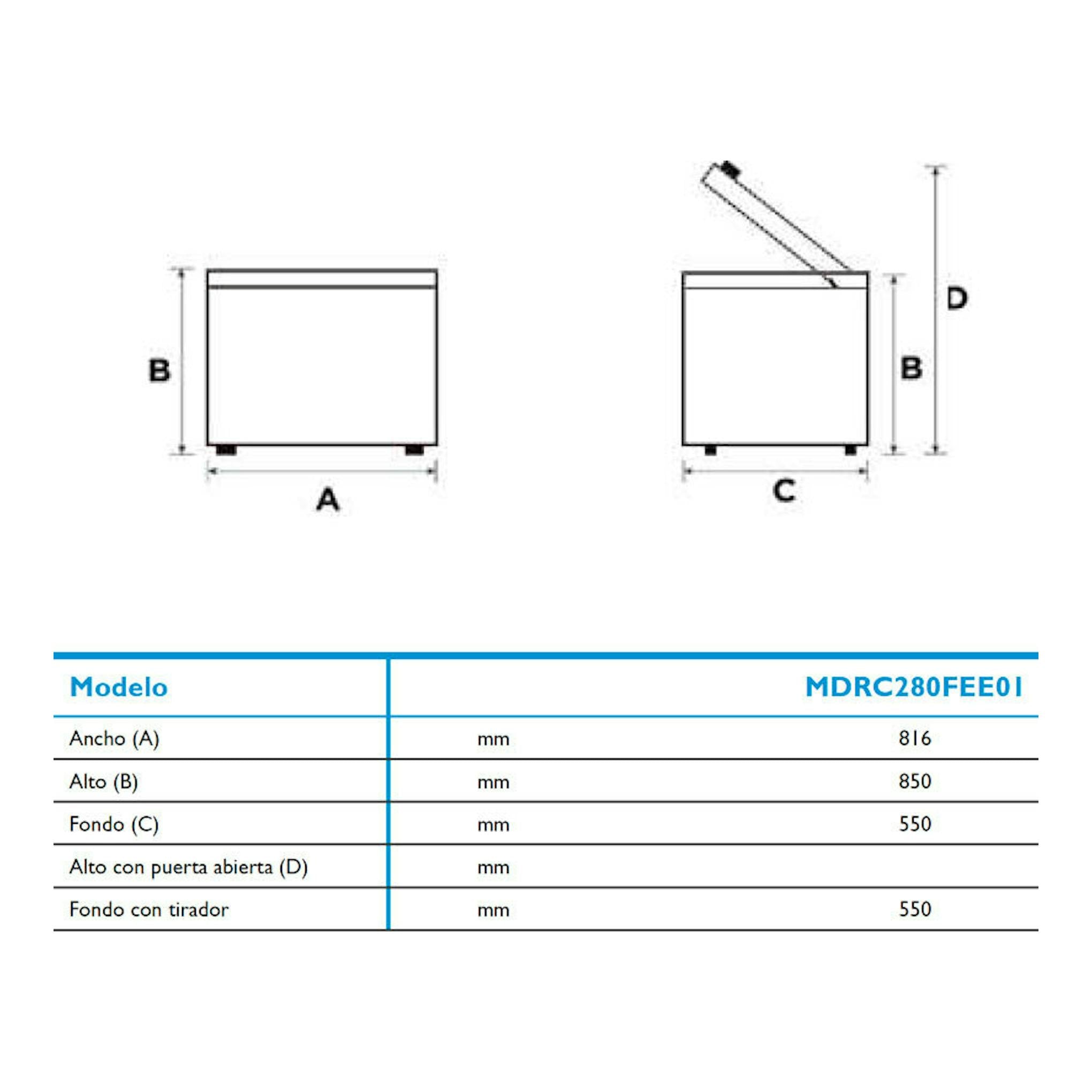 Esquema técnico del arcón Midea MDRC280FEE01 blanco, con medidas de ancho, alto y fondo y tapa abierta.