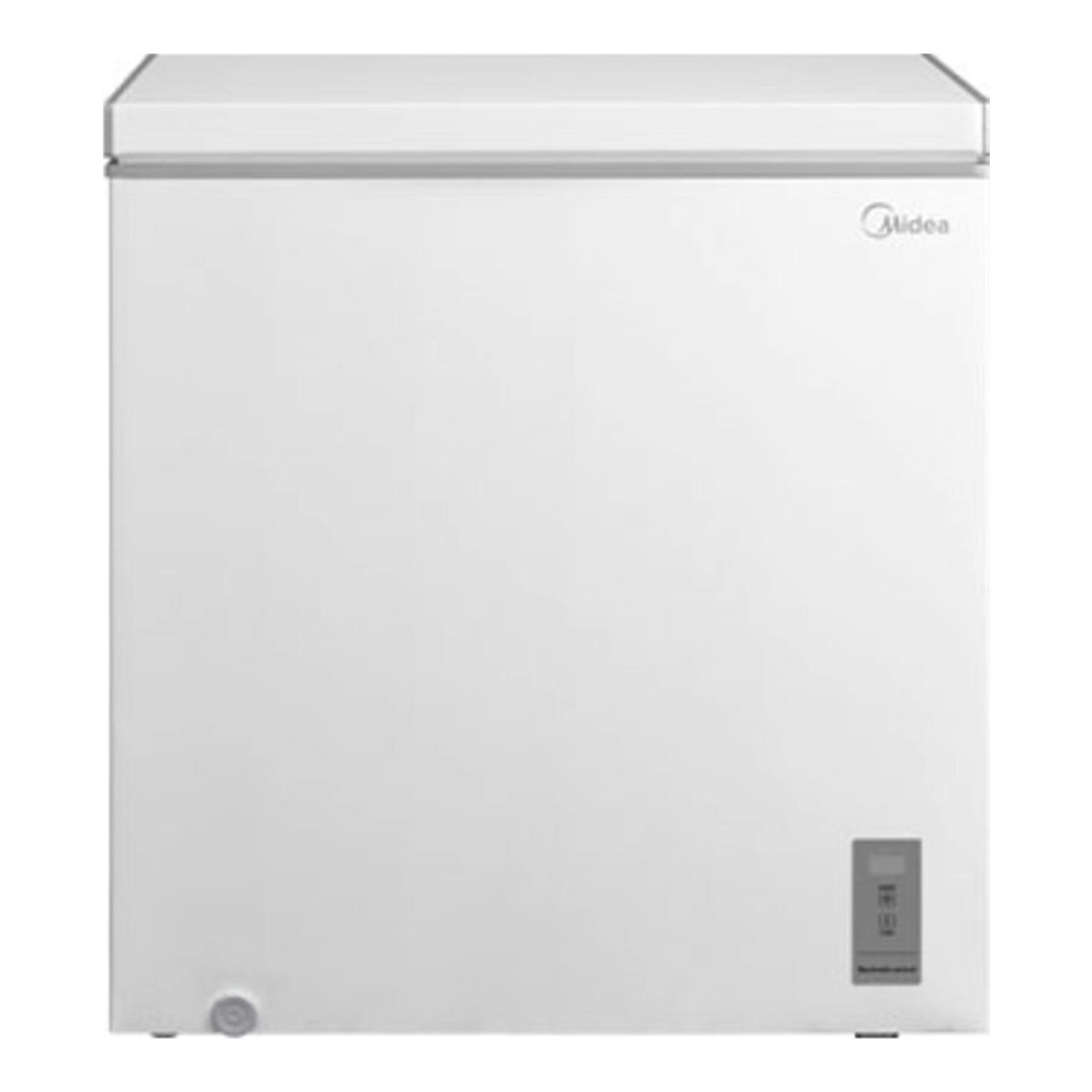 Arcón congelador Midea MDRC284FZE01 blanco, vista frontal, con tapa superior.