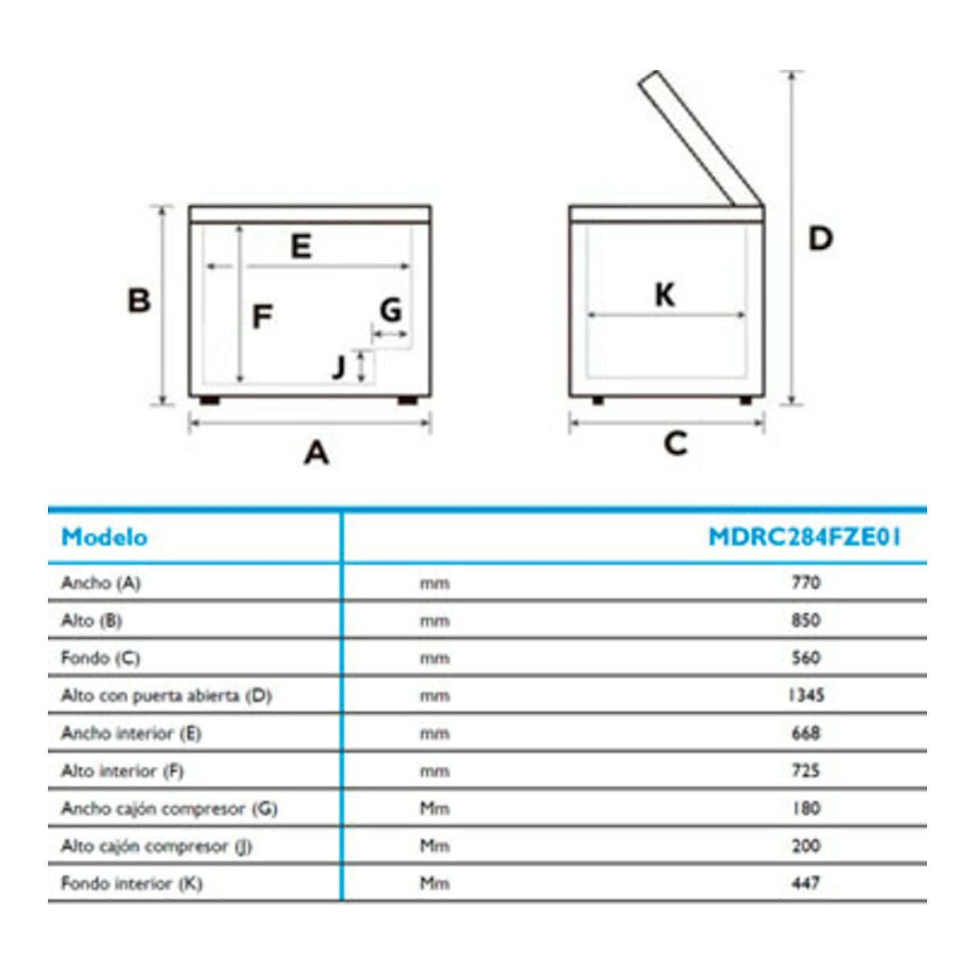 Diagrama de medidas del arcón congelador Midea MDRC284FZE01 blanco, con vista frontal y lateral, tapa abierta.