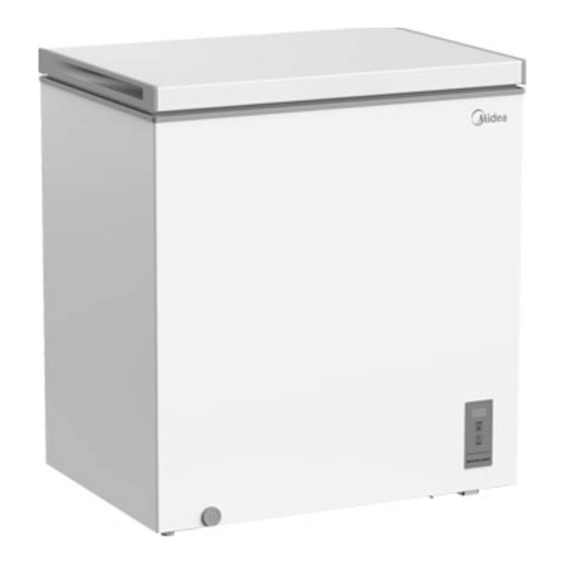 Arcón congelador Midea MDRC284FZE01 blanco, vista frontal en ángulo con tapa superior.