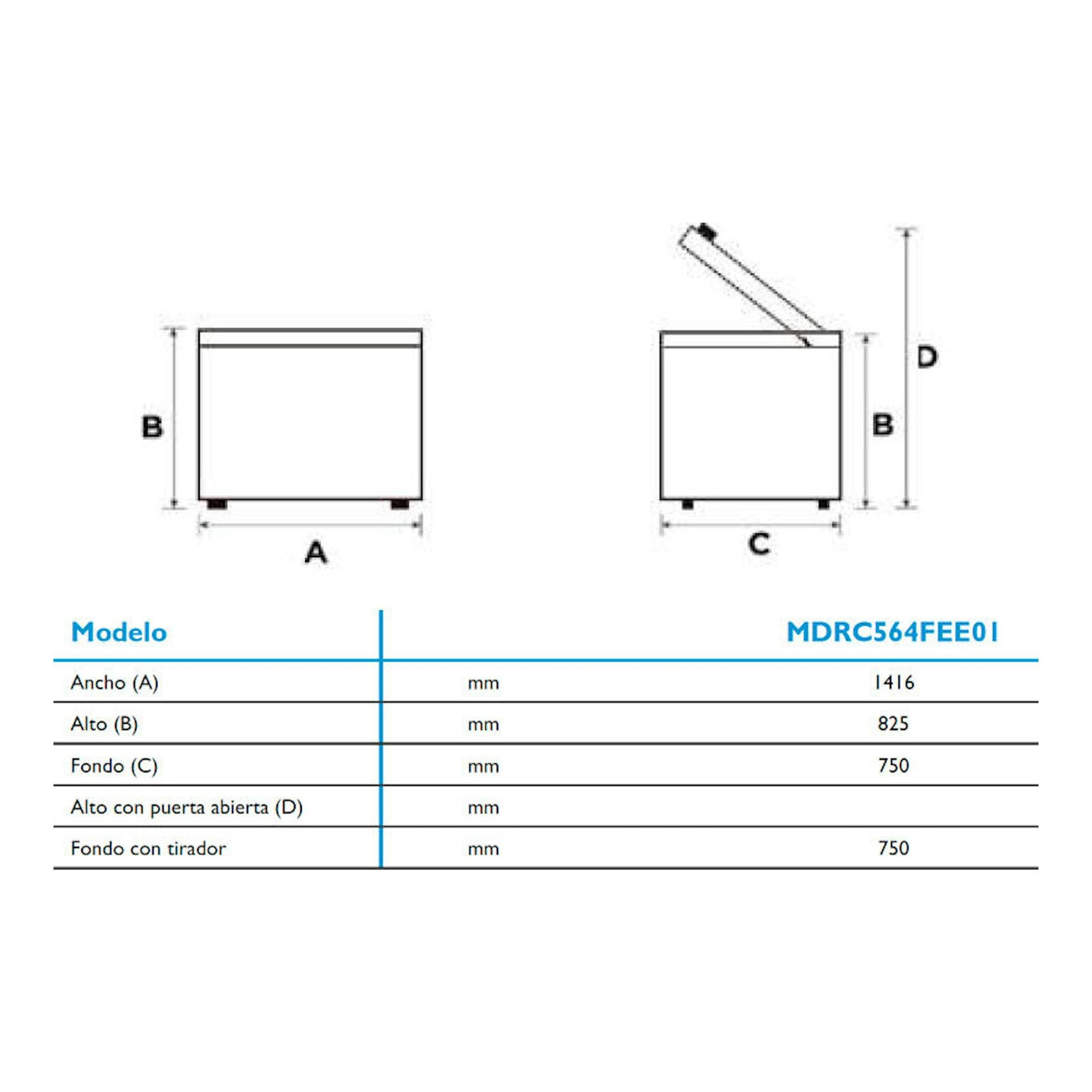 Diagrama técnico del arcón Midea MDRC564FEE01 blanco, vistas frontal y lateral con medidas.