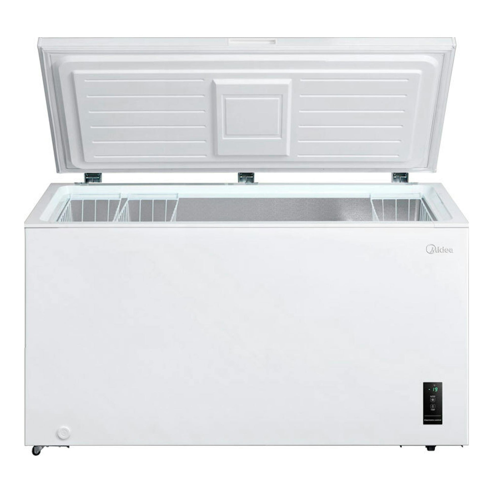 Arcón congelador Midea MDRC564FZE01 blanco, vista frontal con la tapa abierta.