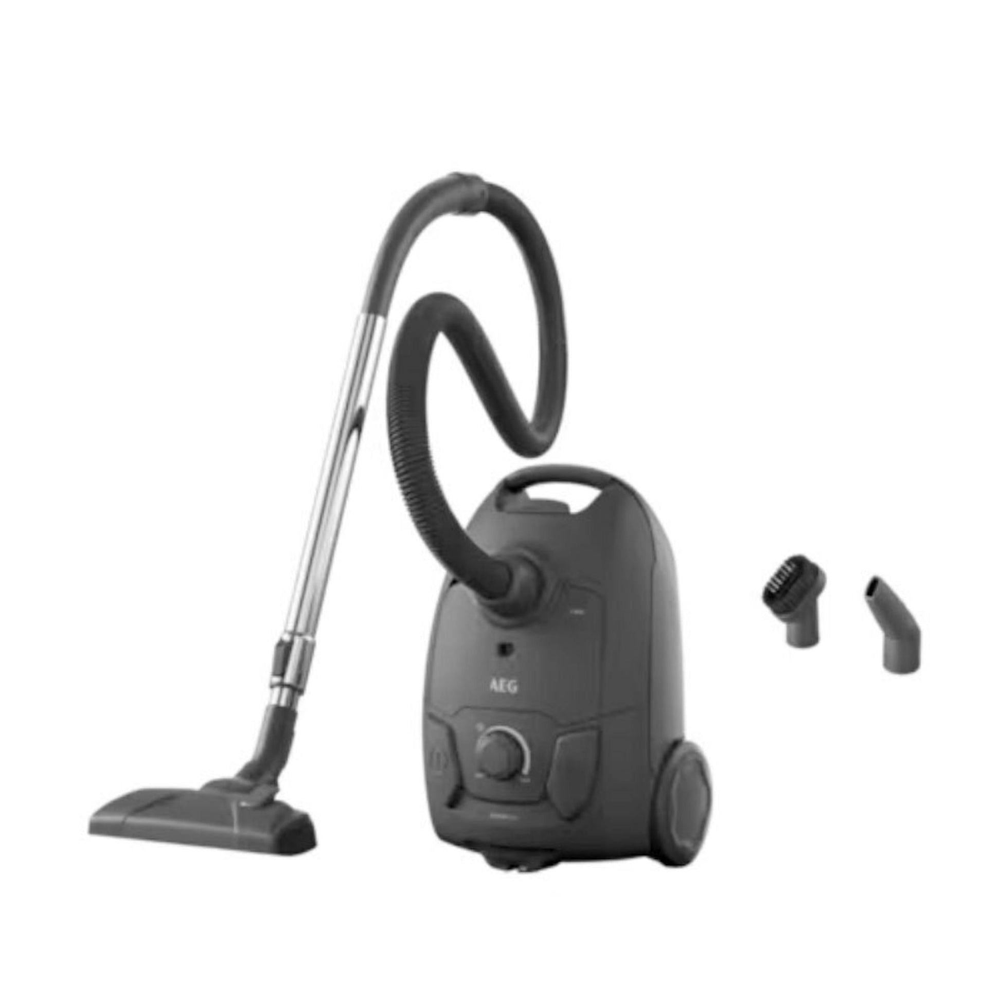 Aspirador AEG AB31C1GG con tubo, cepillo y accesorios sobre fondo blanco
