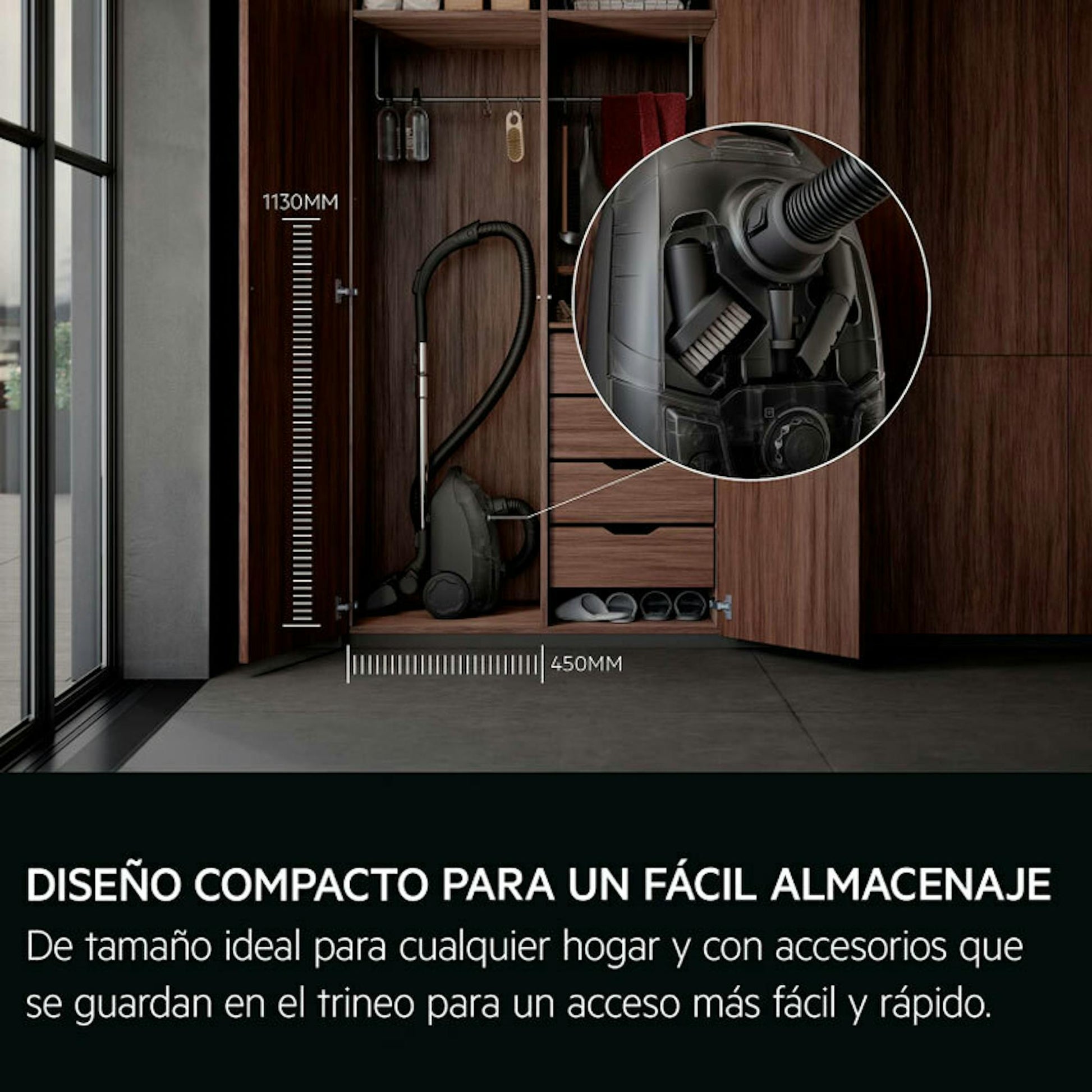 Aspirador AEG AB51C2SW guardado en un armario, con detalle ampliado del cabezal