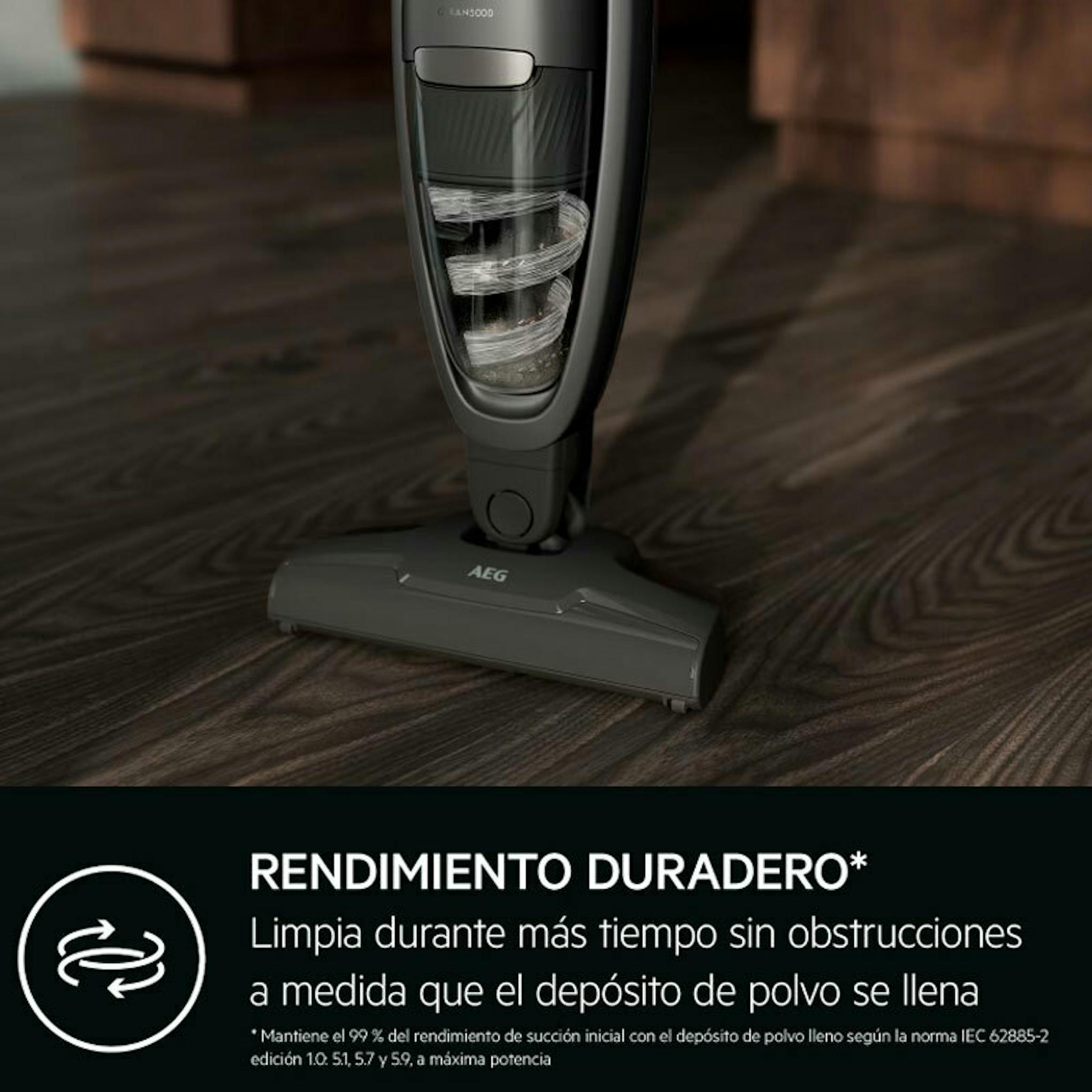 Aspirador AEG AS52CB18DG sobre suelo de madera con depósito visible