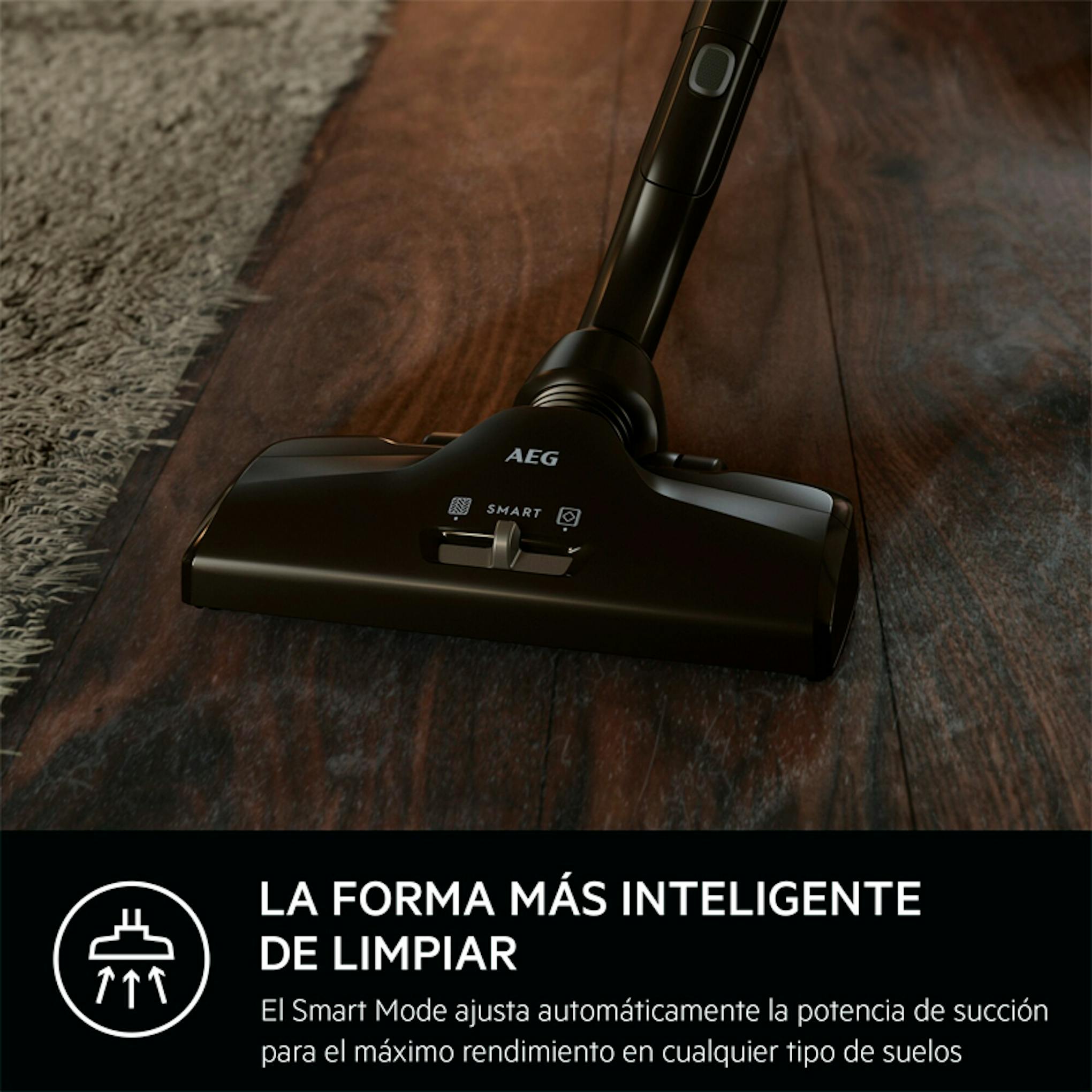Cabezal de un aspirador con bolsa AEG VX82-1-5DB sobre suelo de madera.