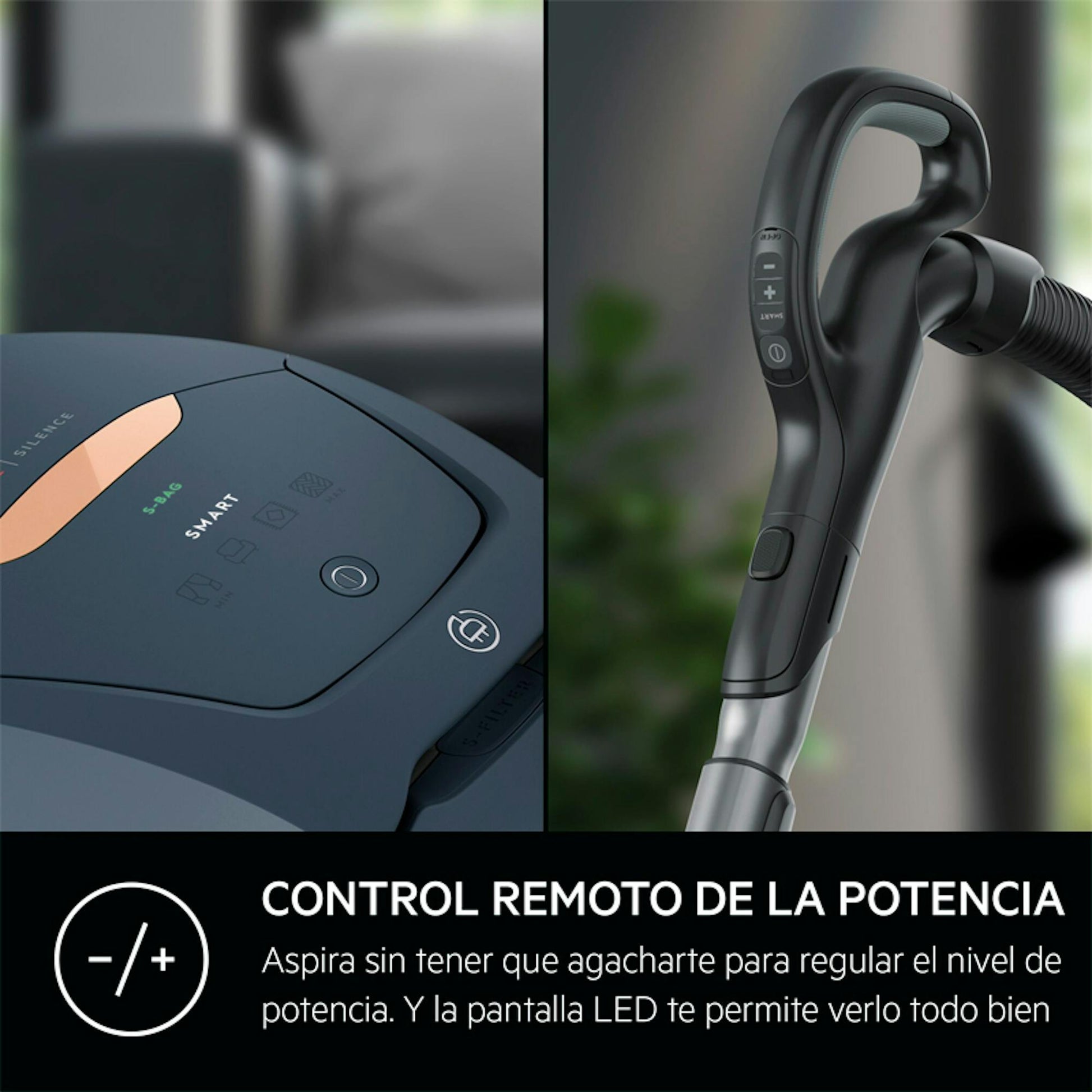 Detalle del aspirador con bolsa AEG VX82-1-5DB con control remoto de potencia y empuñadura