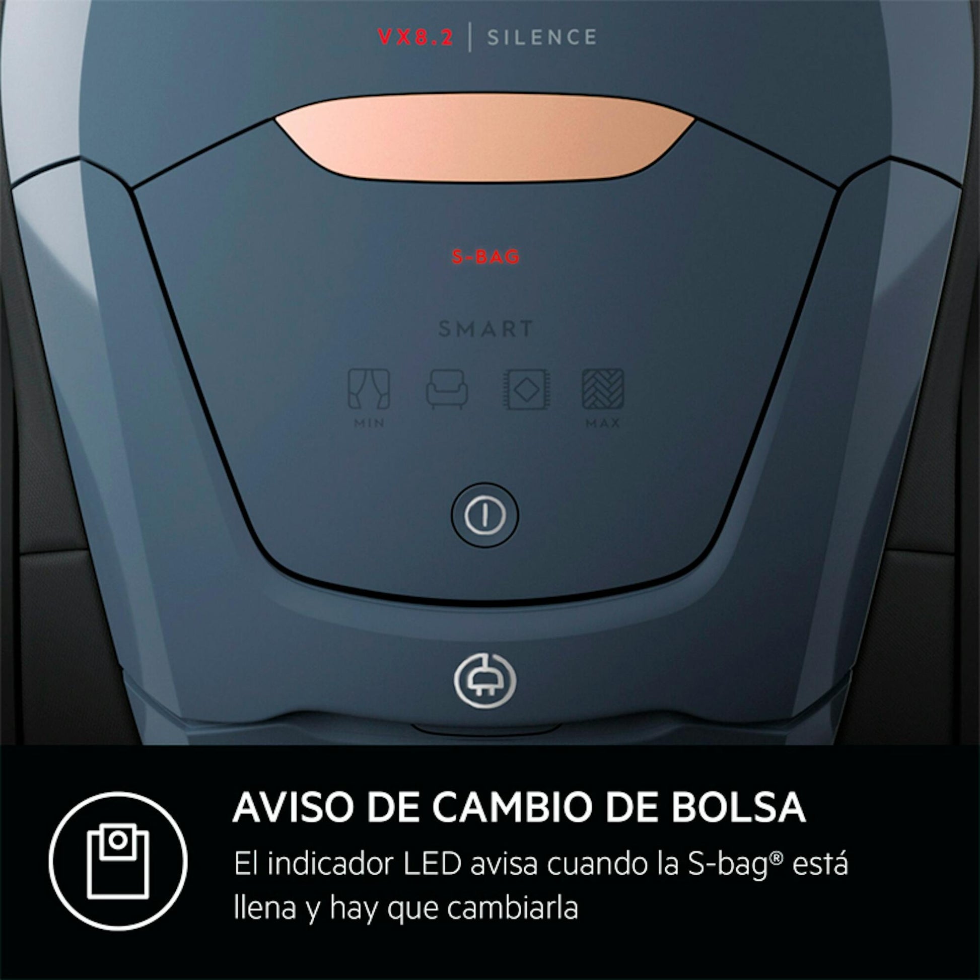 Aspirador con bolsa AEG VX82-1-5DB, detalle del panel frontal con aviso de cambio de bolsa